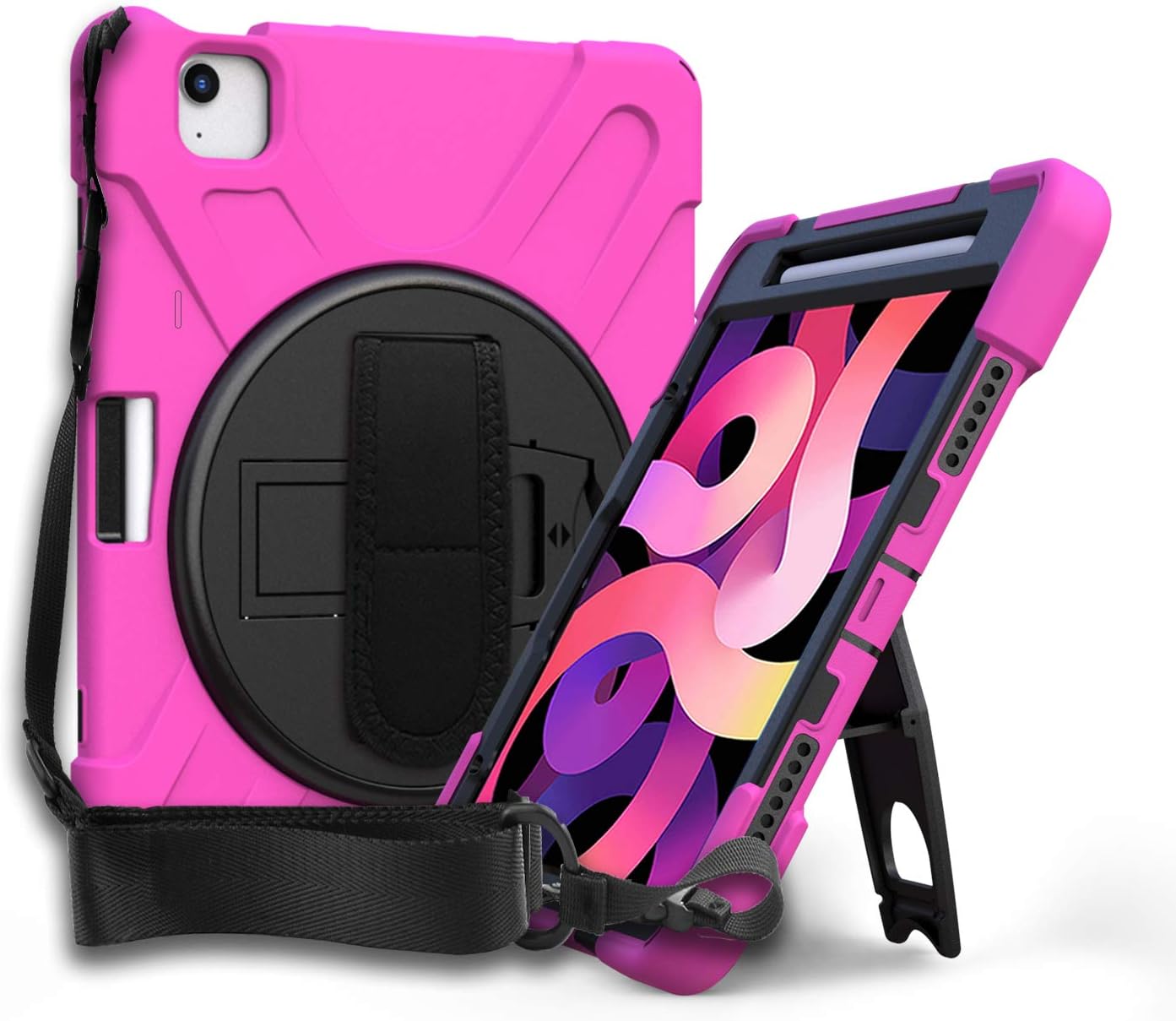 KIQ iPad Air 4th 5th Gen Shockproof Case Full-Body Heavy Duty Cover Stand with Shatterproof Ceramic Screen Protector for Apple iPad Air 4th 5th Gen 2020/2021 (Hot Pink)