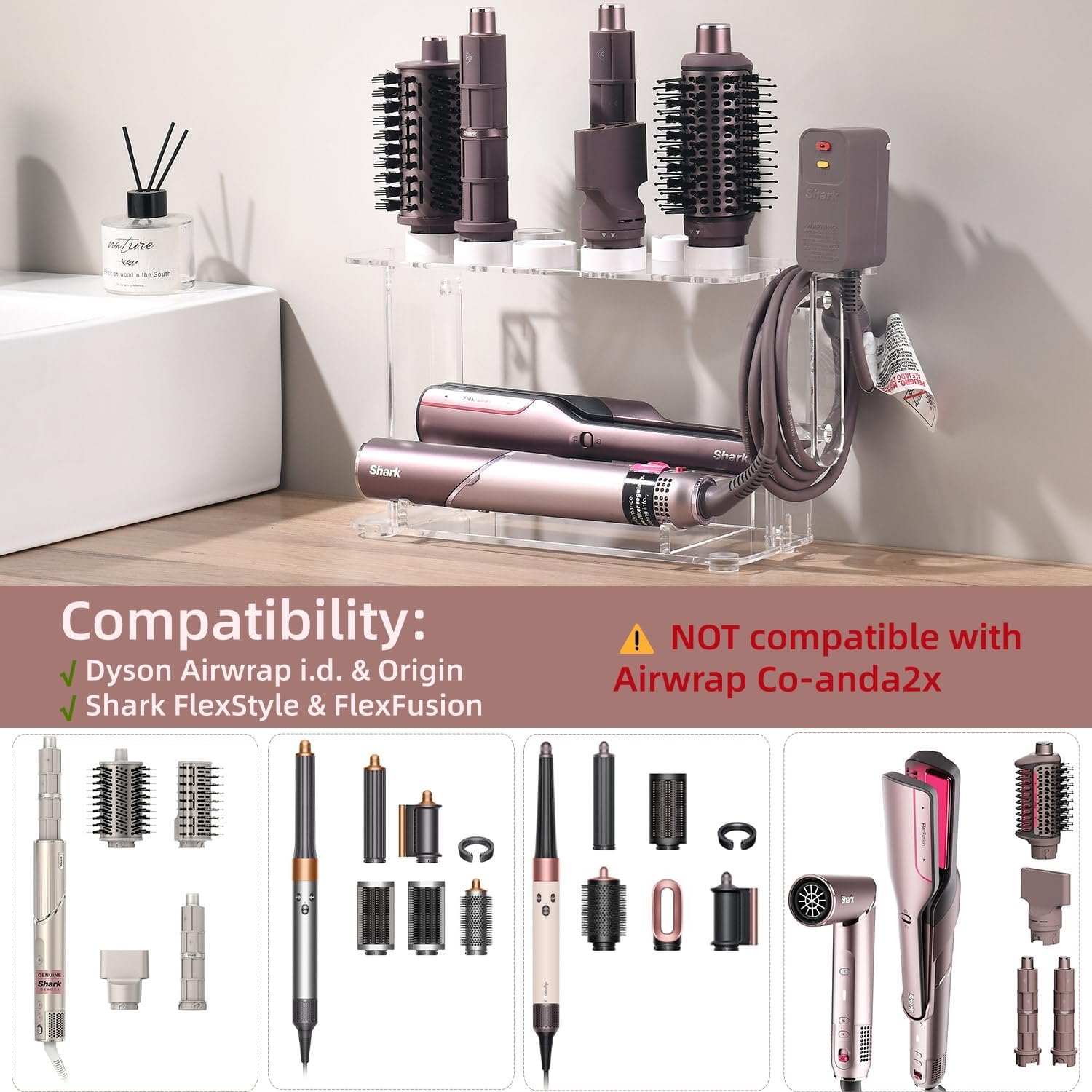 Dyson Airwrap Holder, Dyson Airwrap Wall Mount Clear Acrylic Organizer, Shark Hair Dryer Holder Stand with 8 Slots Cord Hook, Heat-Resistant Storage for Bathroom/Vanity UEMUSI