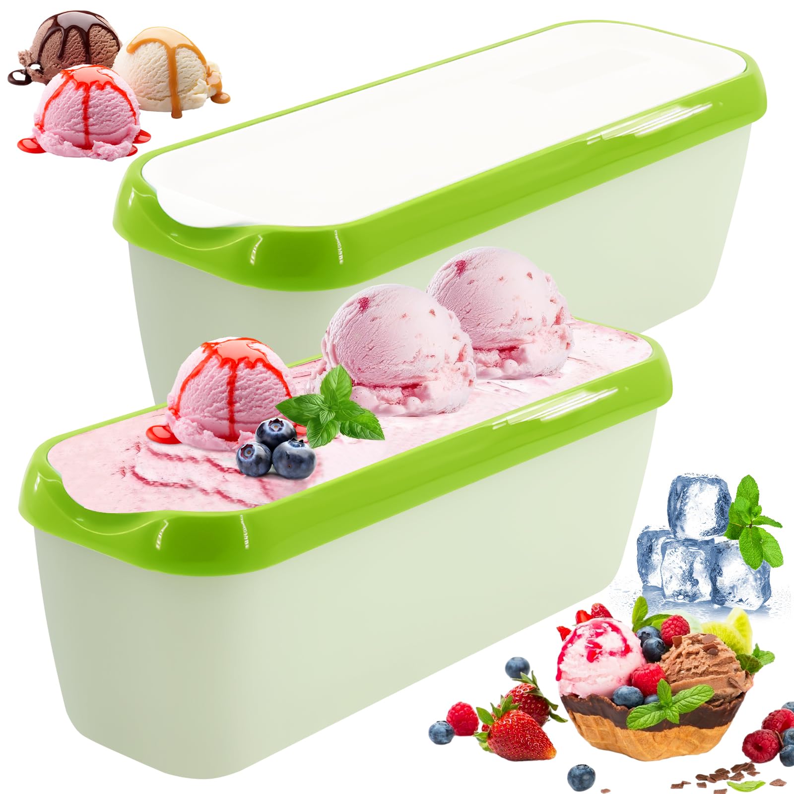 1.5 L Juego de 2 Recipientes para Helados, Reutilizables, con Tapa de Silicona, Congelador con Tapa de Silicona, Sin Bpa, Para Helados Caseros, Accesorios de Cocina