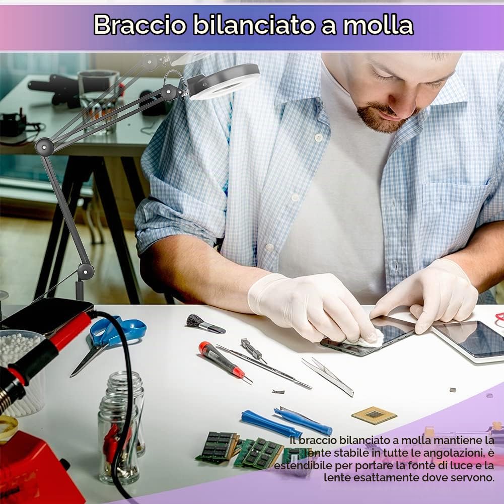 Lente 5 DIOTTRIE d'Ingrandimento, 5X Lente d' ingrandimento con LED e Rotelle, Luce per Estetista, Laboratorio e Lavori di Precisione, 220-240V, Nero