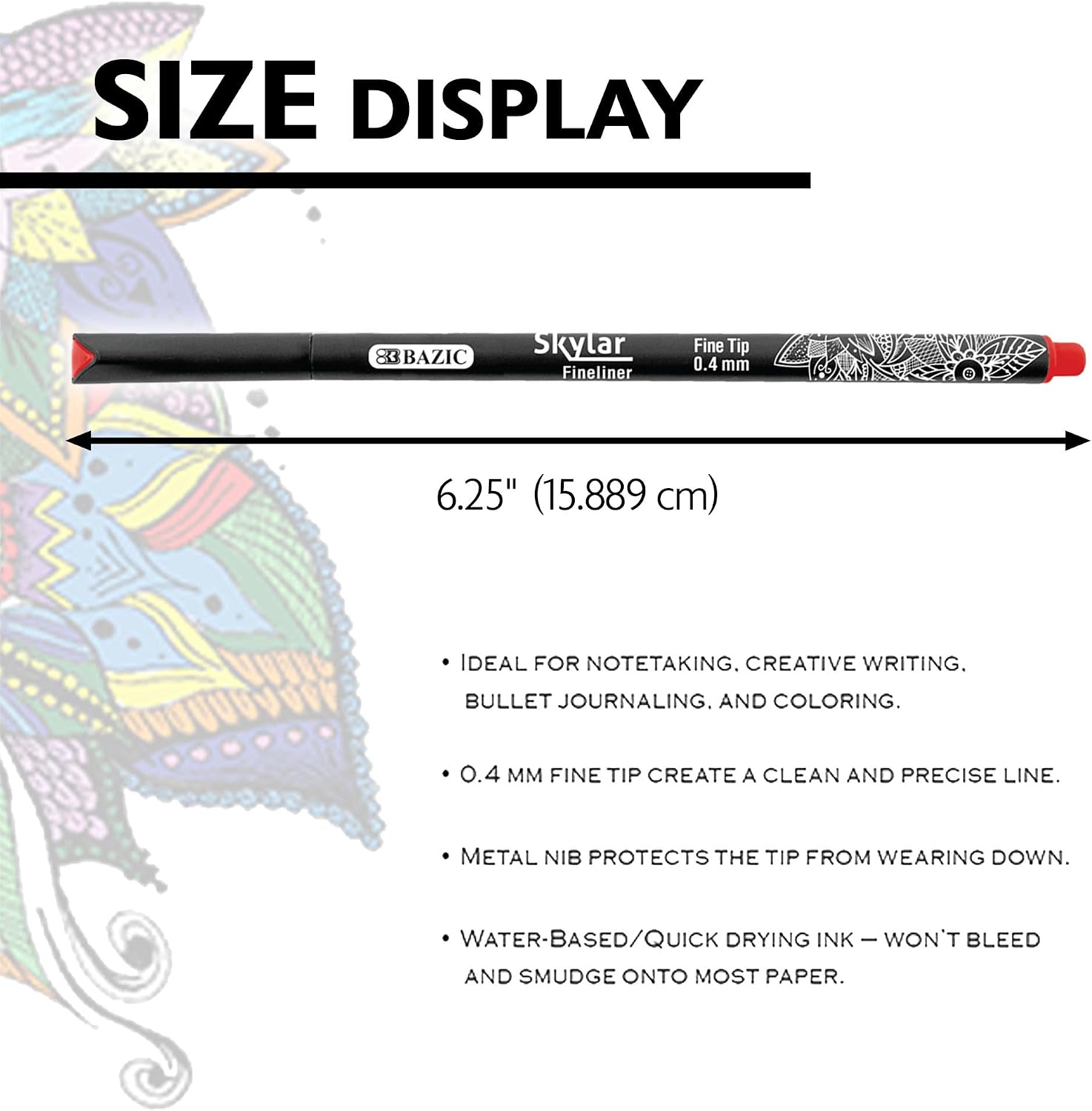 BAZIC PRODUCTS Skylar Fineliner Pen, Fine Tip 0.4mm Pens, Assorted Colors, Writing Drawing Bullet Journaling for Art Graphic Office School, 10 Count, 1-Pack