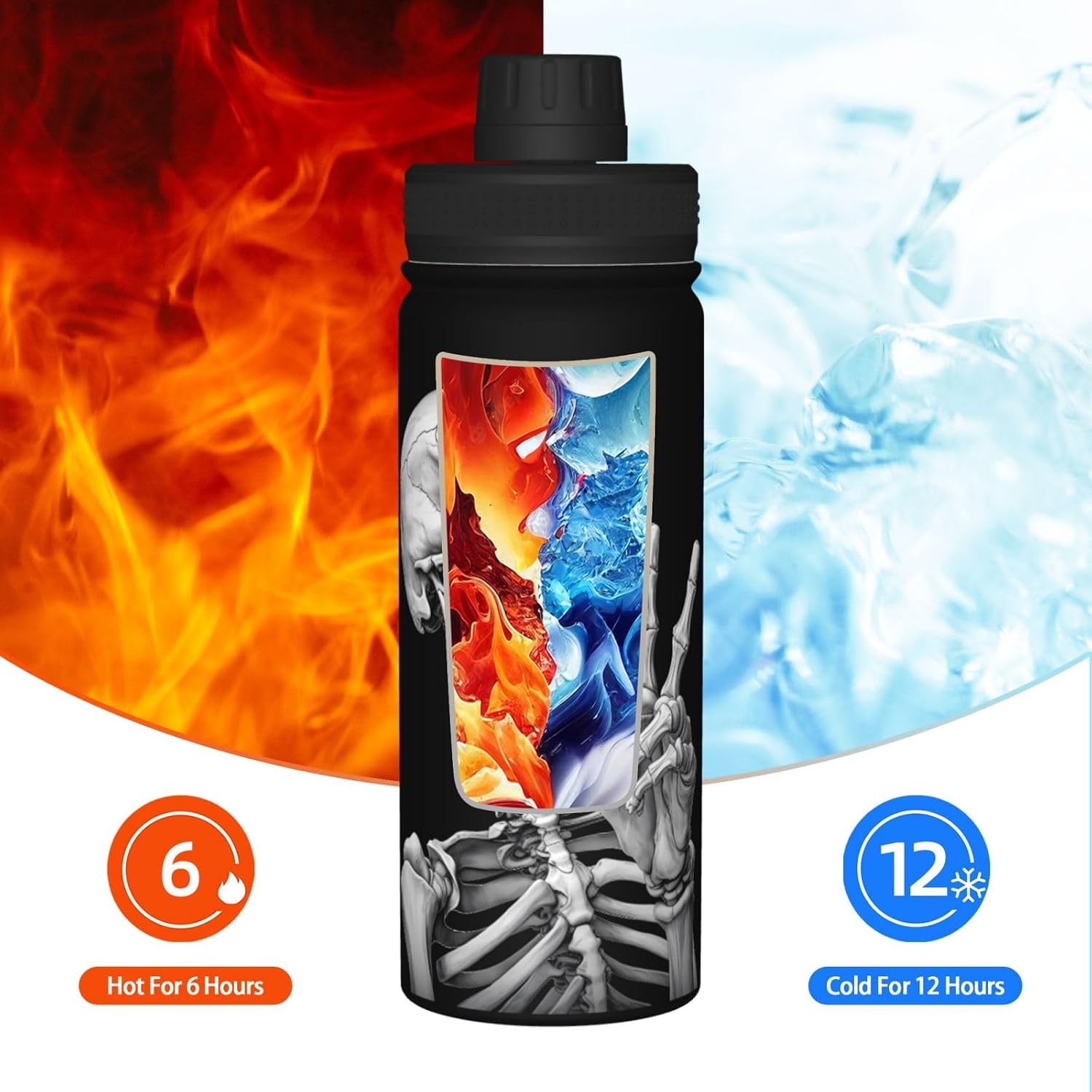 Sports Water Bottle Rock and Roll Skull Skeleton Insulated Stainless Steel Water Bottles, 18 oz Water Cup Flask for Fitness Outdoor Sports Gym Running