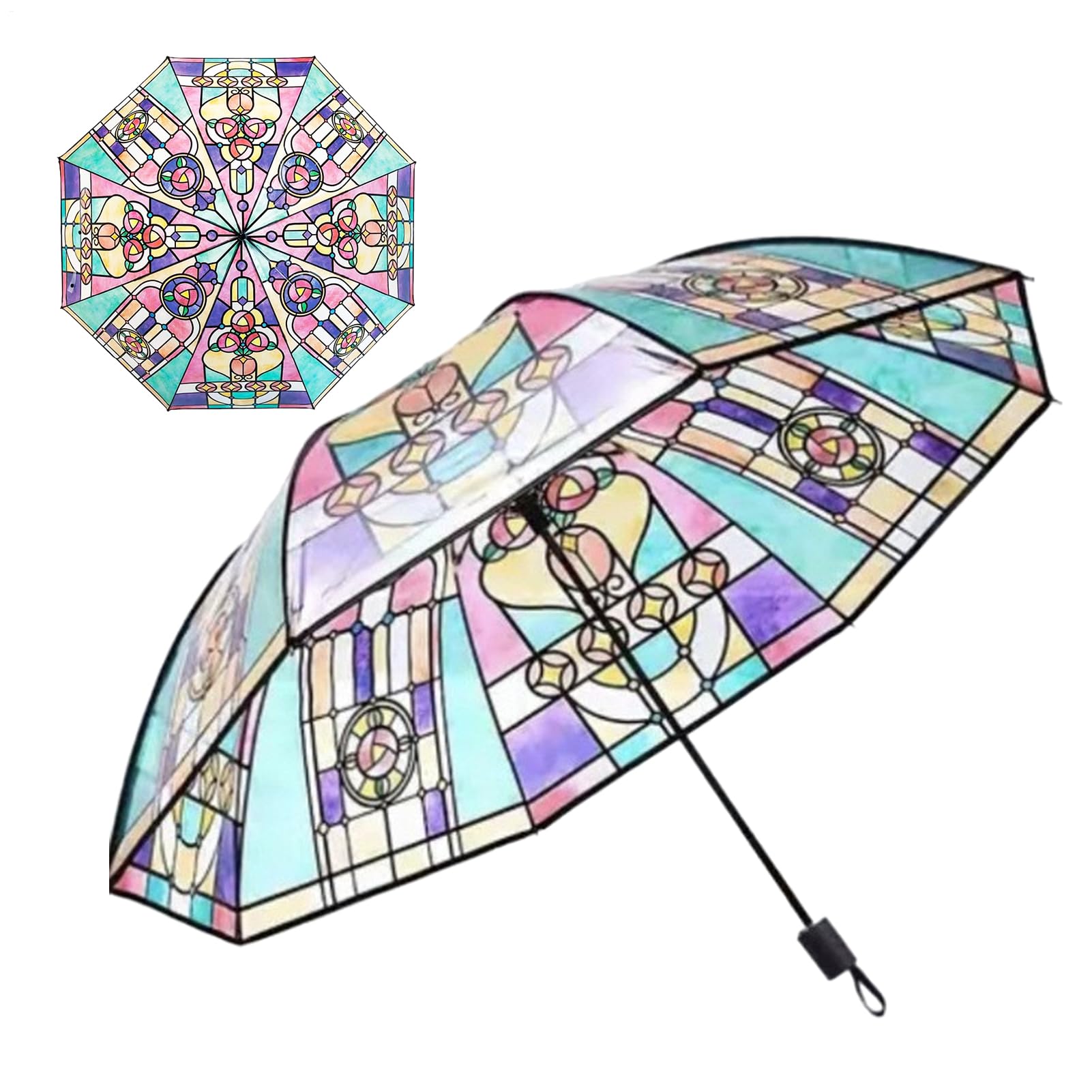 Produktbild von Transparenter Vintage-Sonnenschirm, Stained Glass Umbrella, Handbemalte Transparente Regenschirme, Gebeizter Automatischer Regenschirm, Windproof Regenschirme Mit Acht Glasfaserrahmen Für Ehefrau