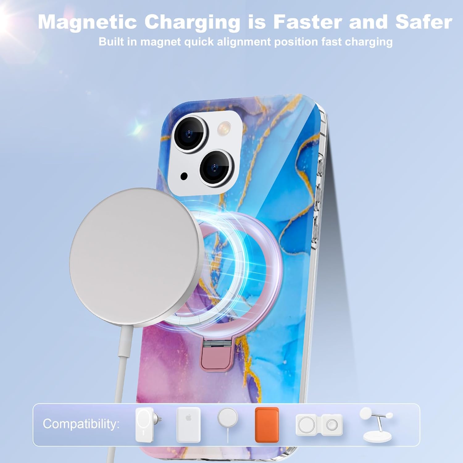 Compatible with iPhone 13/14 Case Marble Pattern with Magnetic Ring Stand [Compatible with Mag-Safe] TPU Protective Phone Case for iPhone 13/14 6.1" for Women, Marble Purple Blue