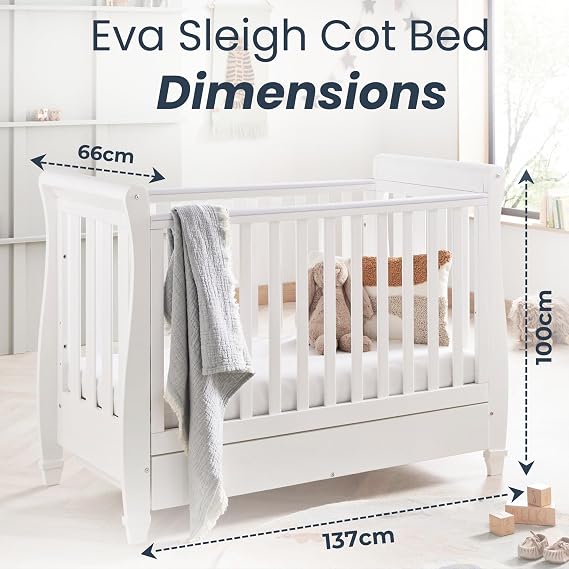 Babymore Eva 2 Piece Nursery Room Set White - 1 Baby Cot Bed & 1 Chest Changer With 3 Double Handle Drawers, Wooden Chest Of Drawer Storage Cabinet | 2 Piece Nursery Room Furniture White