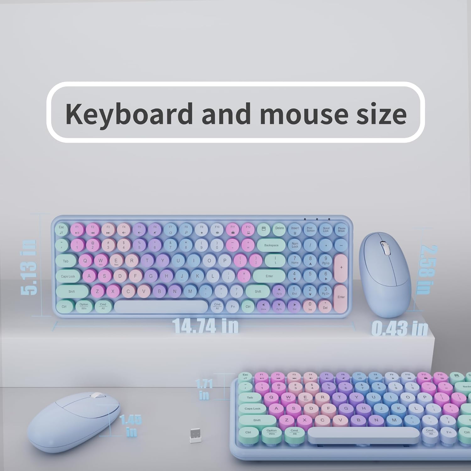 MPTOG Retro Typewriter Wireless Keyboard and Mouse Combo, Colorful Round Floating Keycaps, 100-Key Full-Size Aesthetic Desktop Set with Power Switch for PC, Mac (Purple)