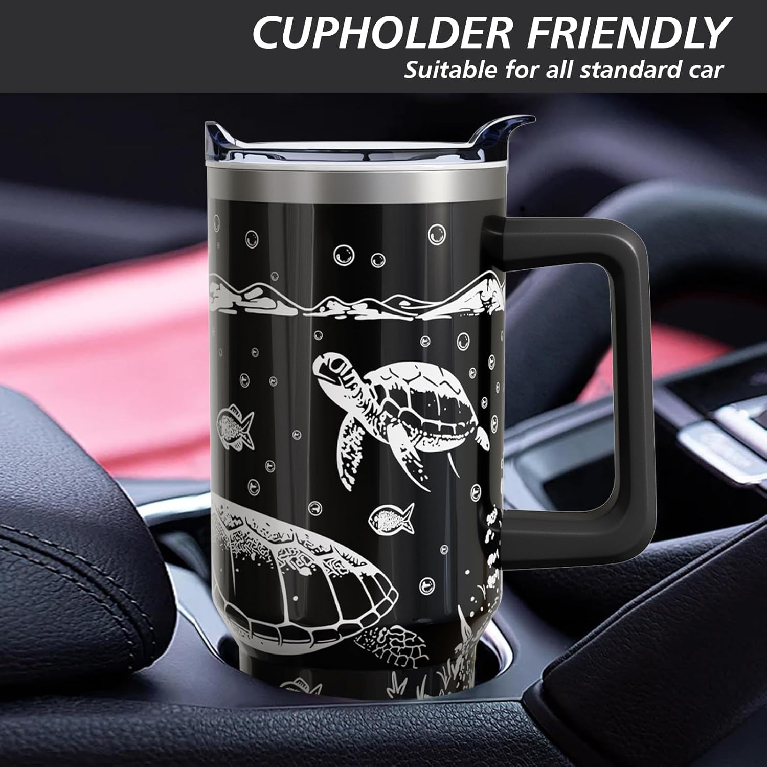 Sea Turtle Gifts Cup for Men Boys, 40oz Tumbler with Handle and Straw Lid, Black Turtle Lover Stainless Steel Water Bottle Mug (1PC)