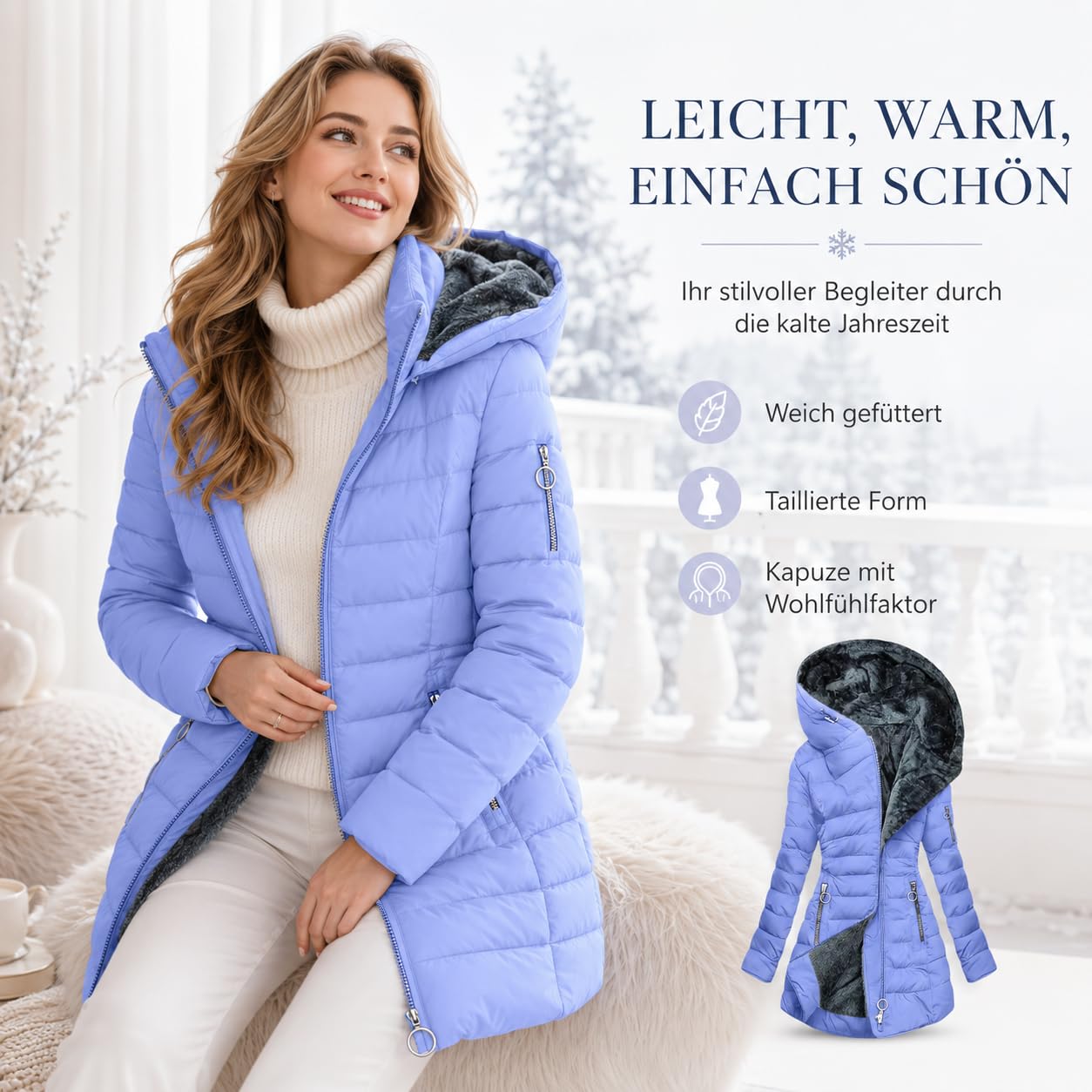 Wintermantel Damen - Lang Warmer Gefüttert Winterjacke Fleece Daunenjacke Mit Kapuze Winddicht Outdoorjacke Große Größen Damenmantel Winter Mantel Bequeme Parkajacke Kapuzenjacke, S-5XL