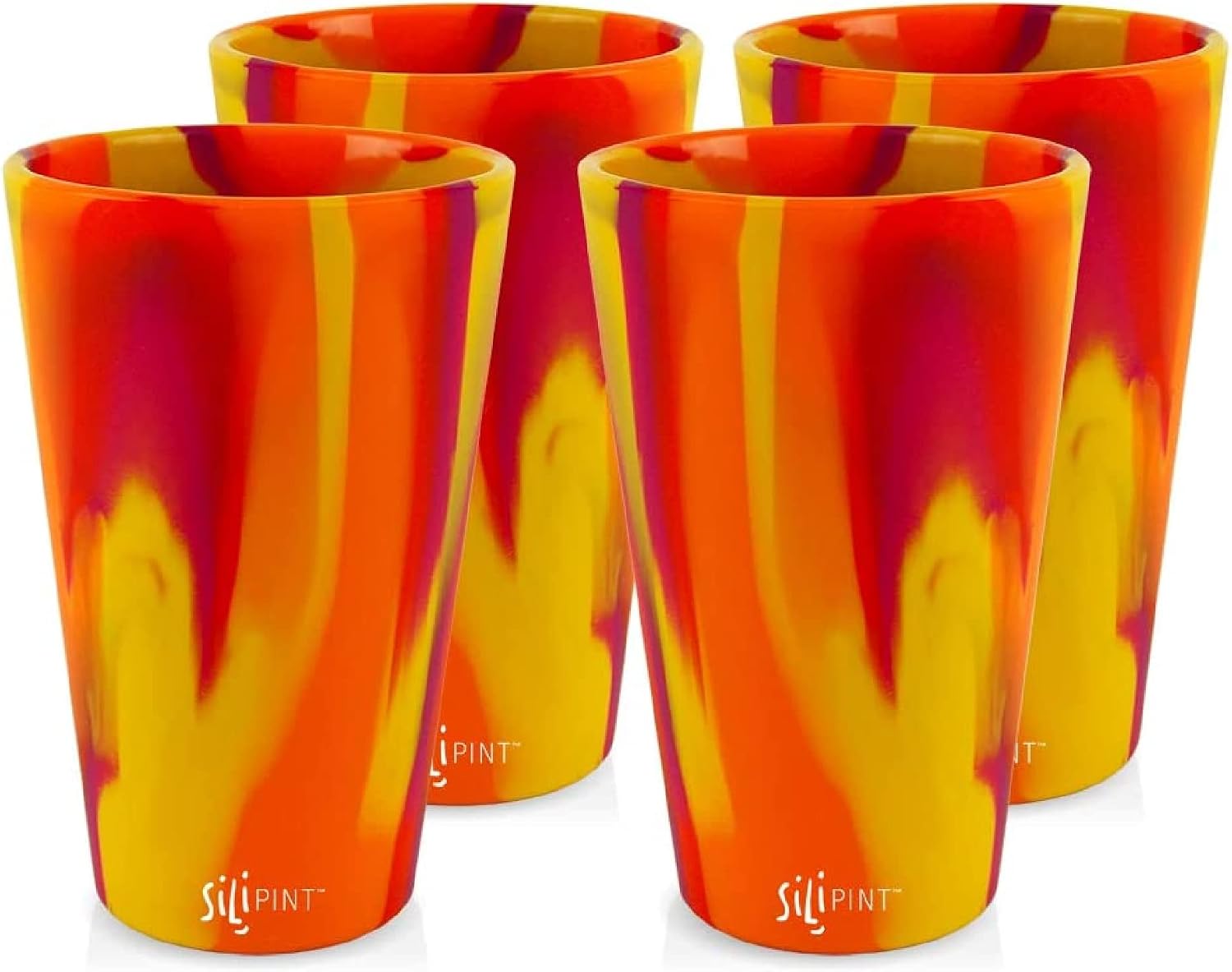 Silipint Silicone Pint Glasses, Unbreakable & Reusable 16-Ounce Silicone Cups for Indoor & Outdoors, Sunfire Smash, Pack of 4