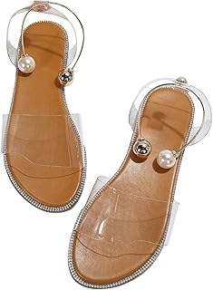 Women's Pearl Decor Clear Straps Open Toe Flat Sandals Leather Outdoor Beach Sandals