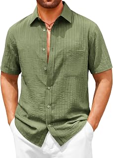 Mens Button Down Shirts Short Sleeve Casual Textured Shirt Summer Linen Cotton Beach Wedding Tops with Pocket