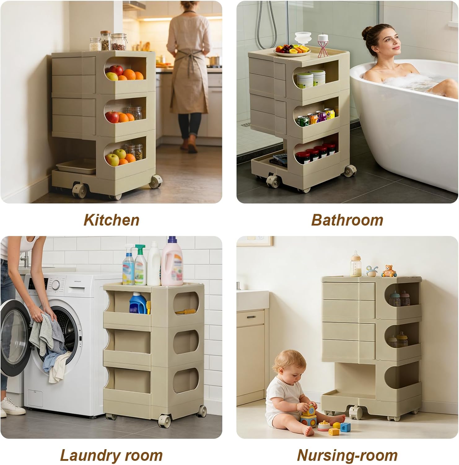 Mobile Storage Cart with 4 Drawers, Art Storage Organizer with Multi-Layer Sorage, Portable Caddy Storage Cabinet Trolley for Salon, Kitchen, Living Room, Khaki