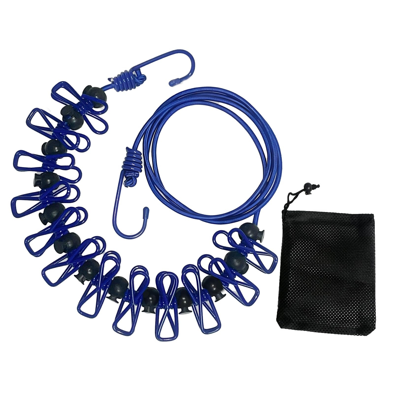 BaiMoure Travel Washing Line, Portable Retractable Clothes Lines with 12 Blue Pegs & Positioning Beads, Elastic Laundry Line with Mesh Bag & Hooks for Camping,Caravan,Cruise,Holiday Essentials