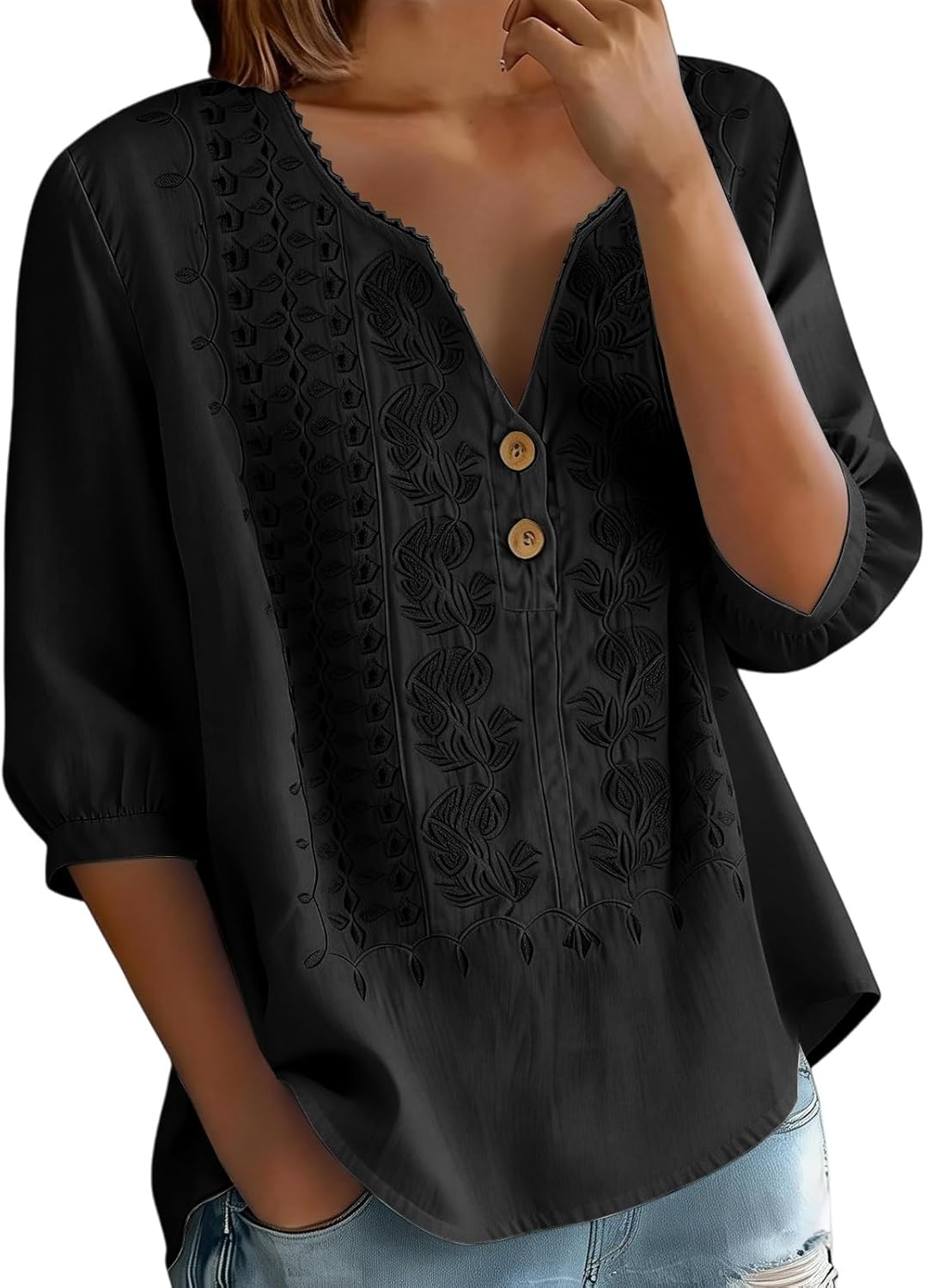 Embroidered Linen Shirts for Women - V Neck 3/4 Sleeve Length Boho Tops Plus Size 2026 Summer Dressy Casual Blouses