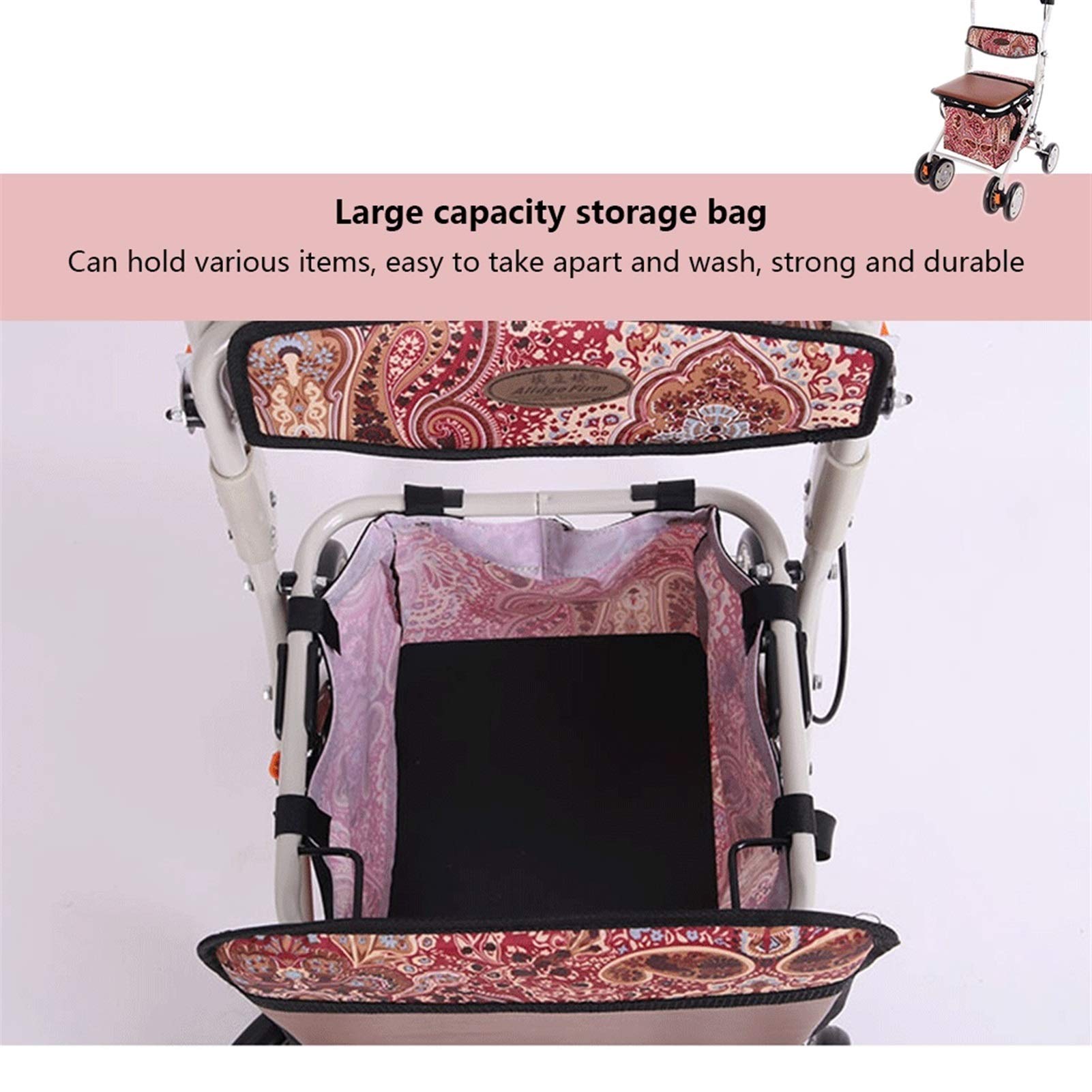 Andador con asiento, plegable ligero, altura ajustable, asiento acolchado, cesta de transporte, frenos bloqueables, fácil almacenamiento y transporte