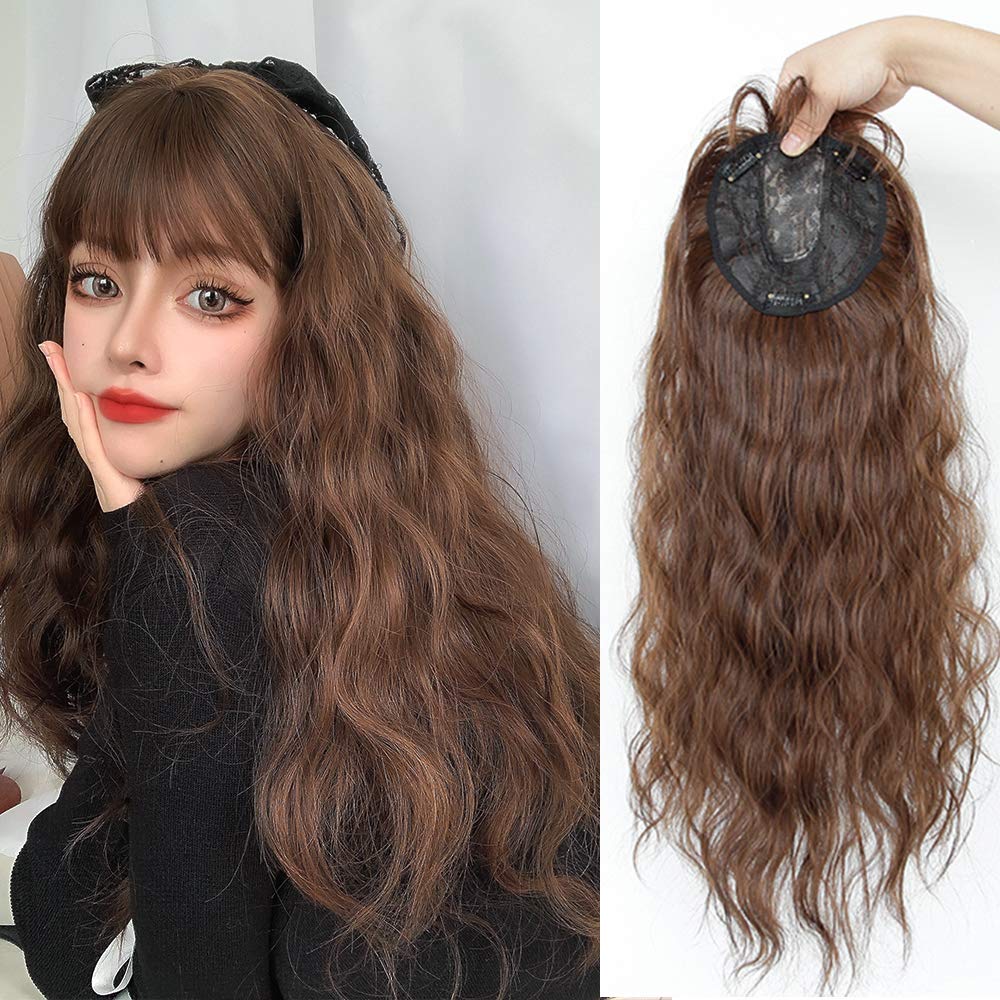LesafeV24" Long Full Topper Clip in Snythetic Hairpiece with Bangs Full Head Wear Curly Wavy Dark Brown