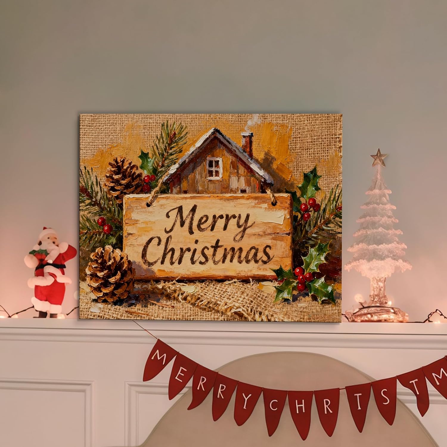 Craftline - Rustic Merry Christmas Canvas Sign Wall Art, Farmhouse Wooden Plaque with Cabin Pictures Vintage Cottage Painting Prints Santa Christmas Gifts 36x24 Poster for Living Room
