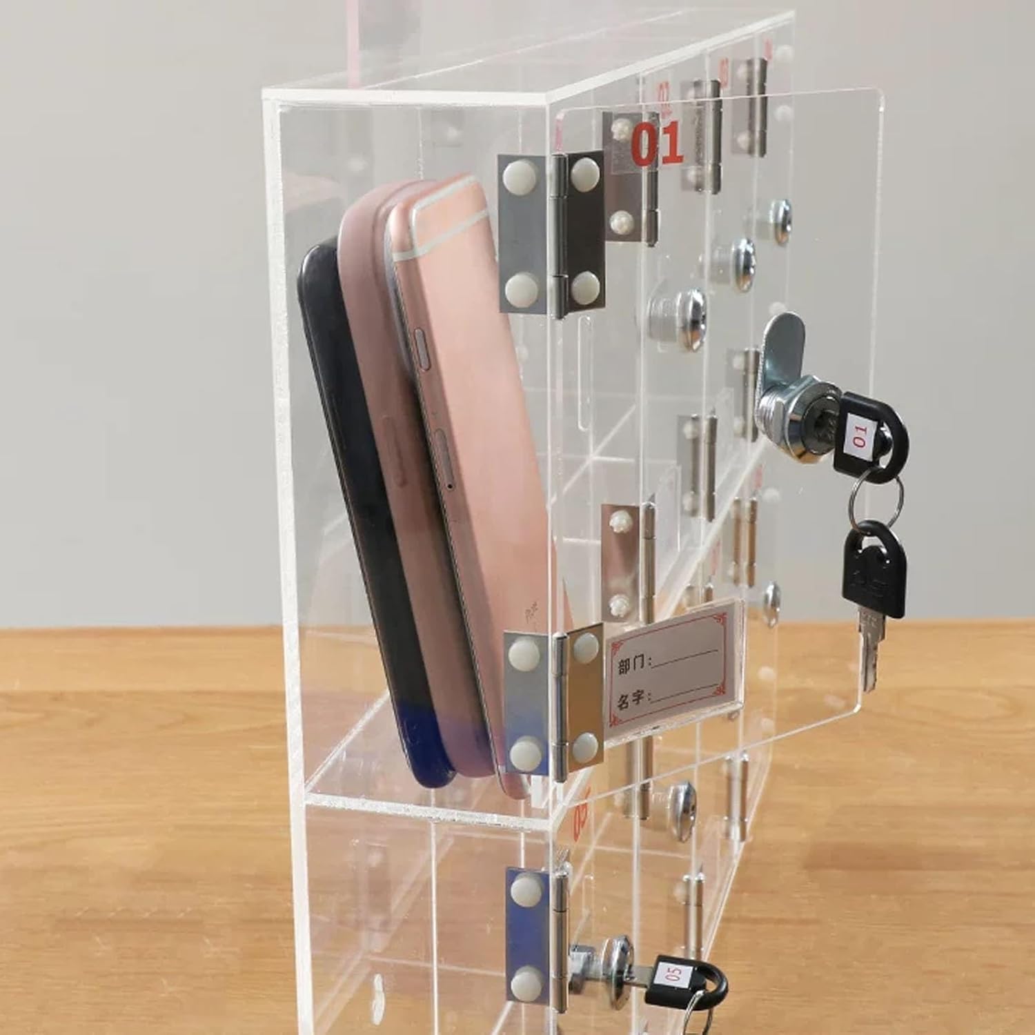 JKGHK Clear Visual Slots Cell Phone Locker Box, Large Capacity Wall Mount Phone Safe Deposit Box with Key Lock, Acrylic Cell Phones Storage Cabinet for Classroom, Office(6Grids)