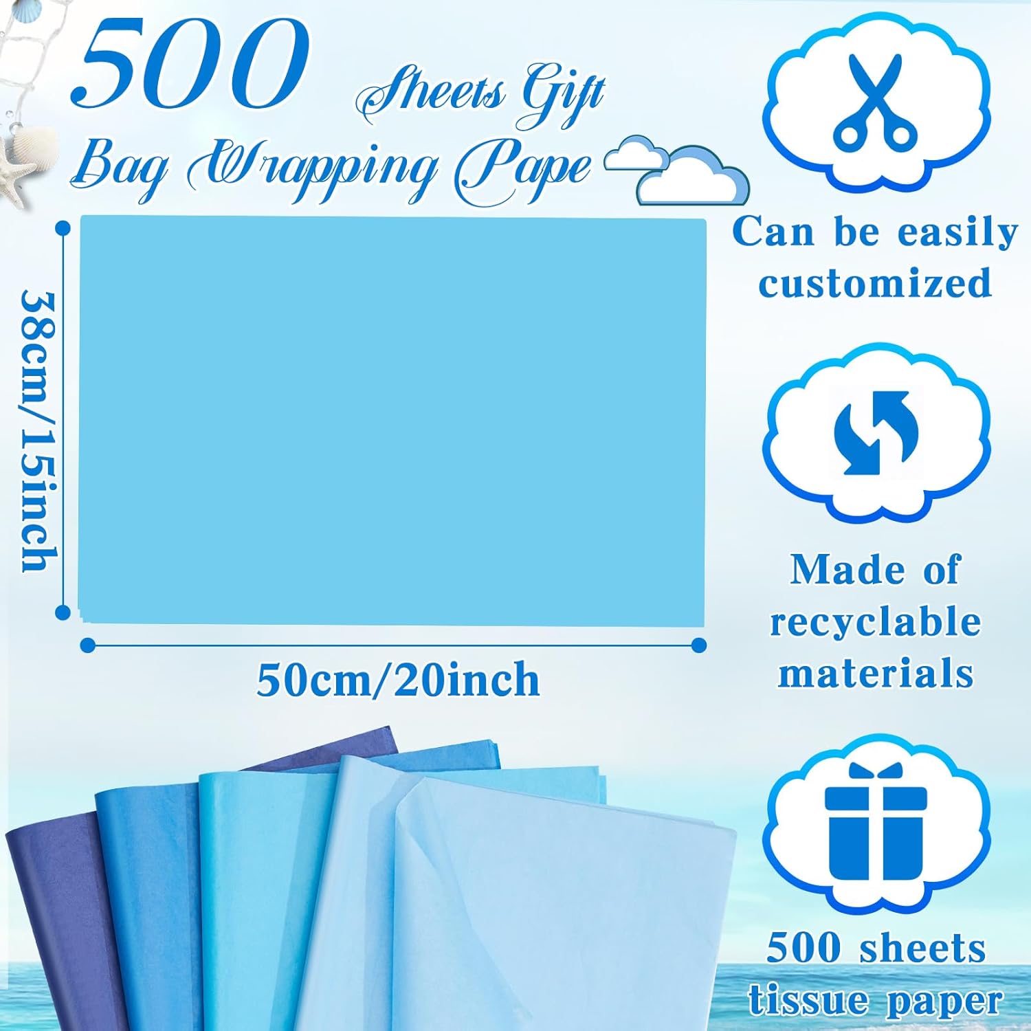 Qilery 500 Sheets Blue Series Tissue Paper Bulk for Gift Bags 15 x 20 Inch Acid Free Wrapping Paper for 2026 Graduation, Father's Day, Birthday, DIY Crafts, Wedding, Packaging, Bouquet, Summer Party
