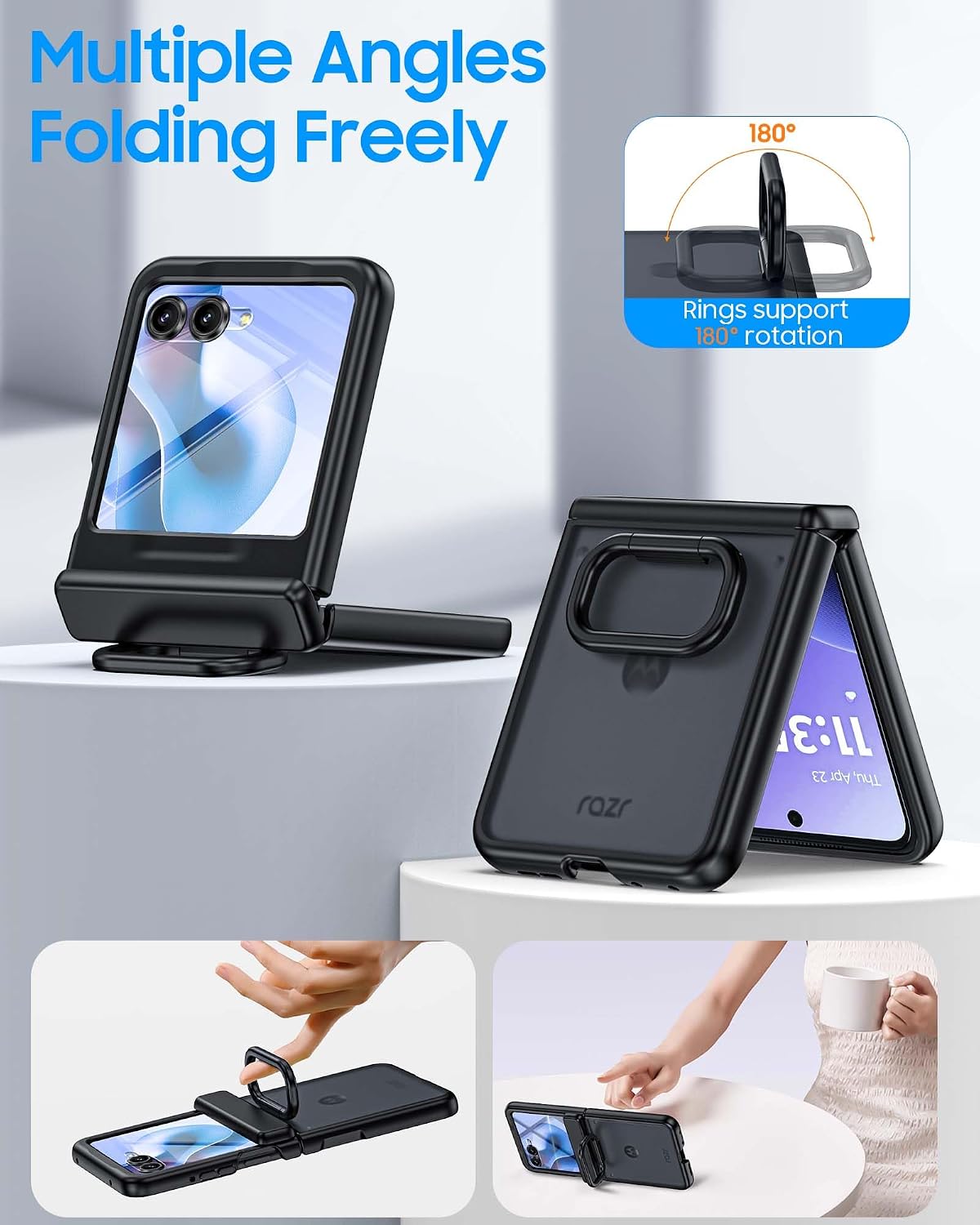 for Motorola Razr 2025 Case/Razr 2024 Case with Ring Holder & Screen Protector & Hinge Protection, Skin Feel Matte PC, Shockproof Phone Cover for Razr 2025/2024-Black (NOT for Plus/Ultra)