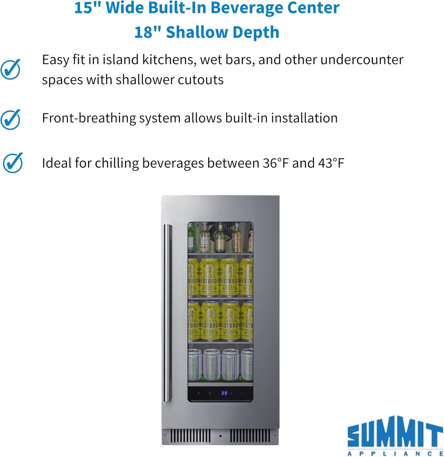 Summit 15” Built-In Beverage Center, Shallow 18” Depth Refrigerator, Commercially Approved, Stainless Steel - SDHG1533