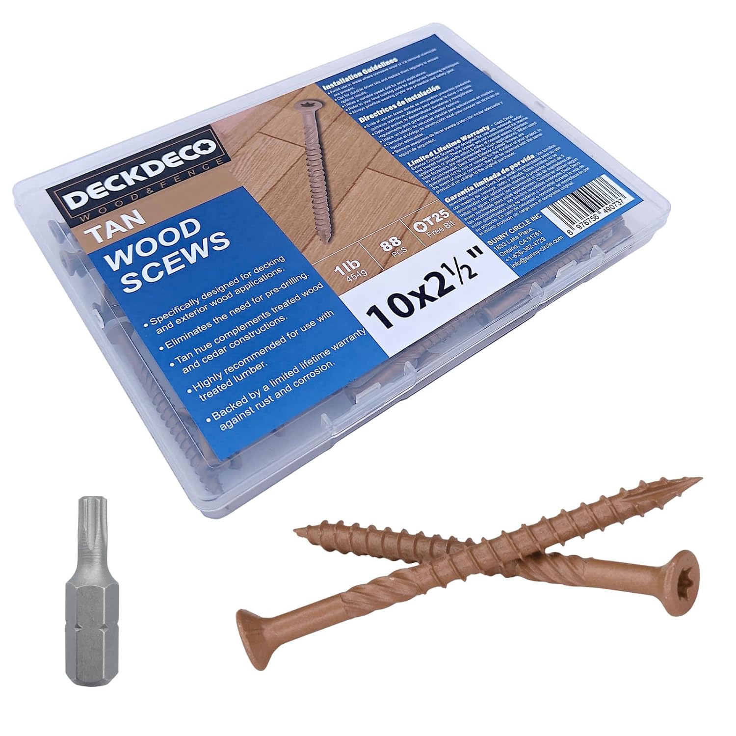 Wood Screws #10 x 3 372pcs(Approx), Tan Ruspert Coating Exterior Deck Screws, Torx/Star Drive Flat Head,Twist Shank, Cut Tip/Thread, Bit Included, 5.5 lb/Box