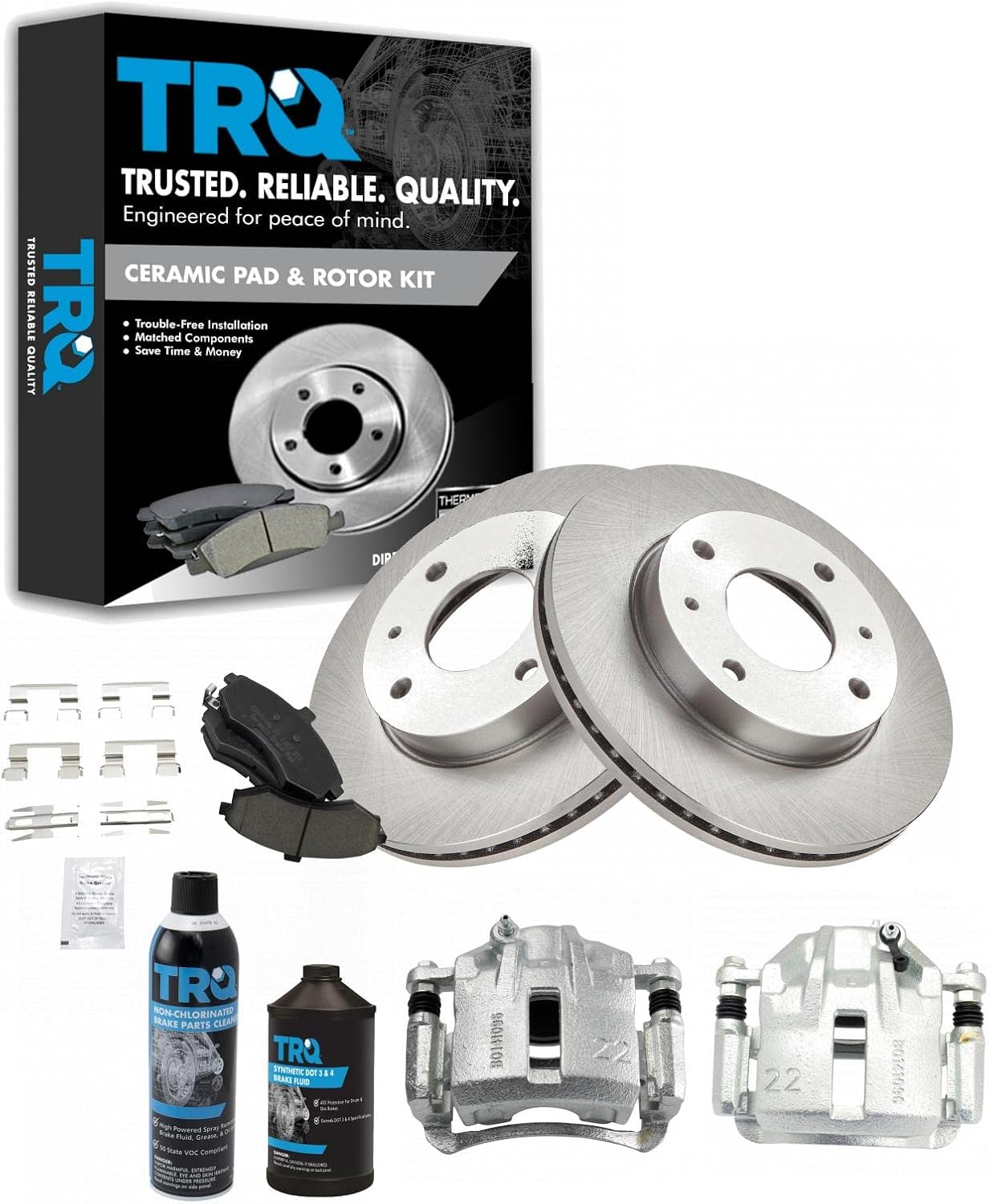 TRQ Front Brake Pad & Rotor Kit Brake Caliper Brake Chemical Kit Brake Pads Brake Rotor Ceramic Compatible with 2002-2005 Hyundai Elantra