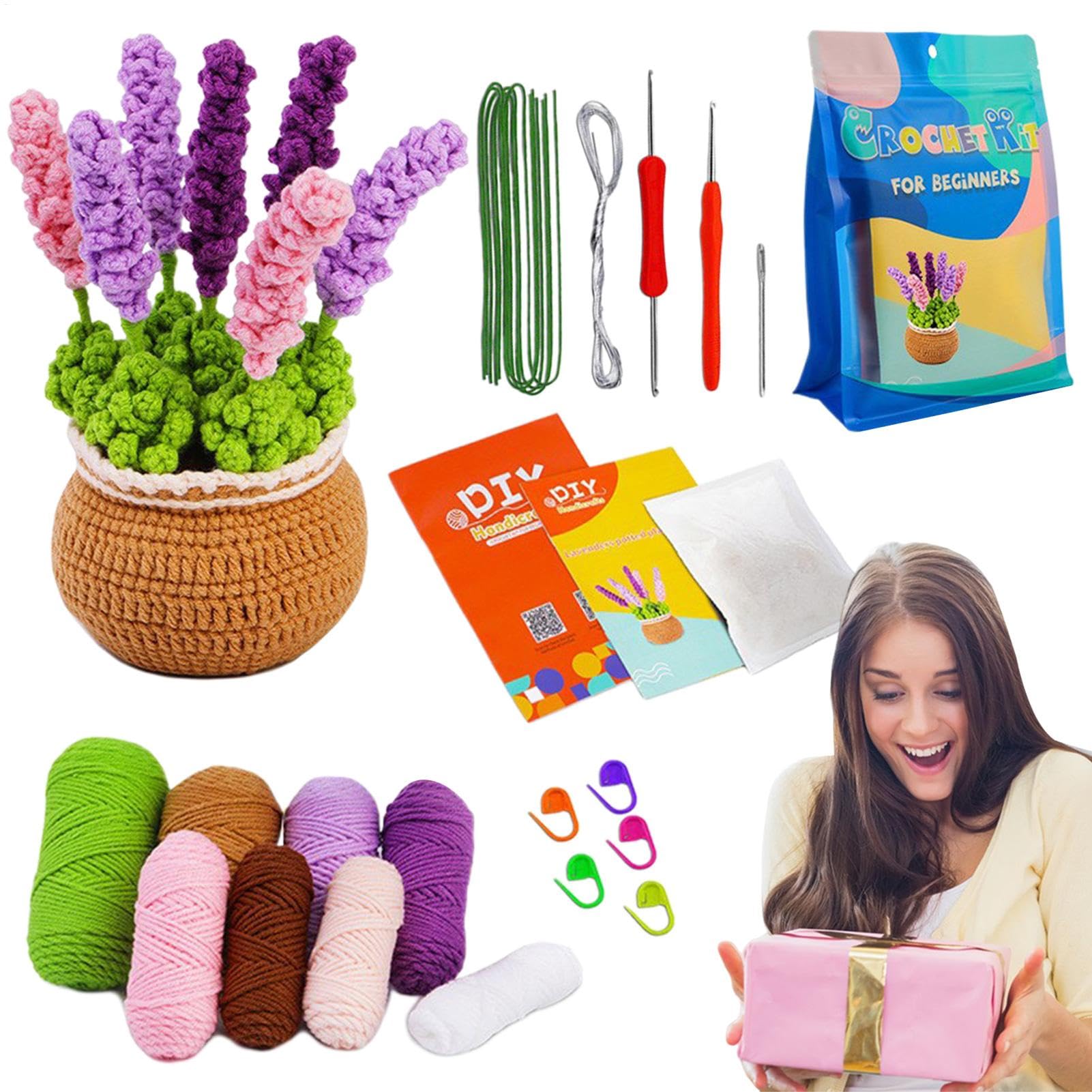 Whnbuij Kit de flores de ganchillo,Kit de ganchillo de plantas en macetas | Plantas en maceta hechas a mano para principiantes - Kit de flores de lavanda, kit de inicio de plantas en macetas, suministr