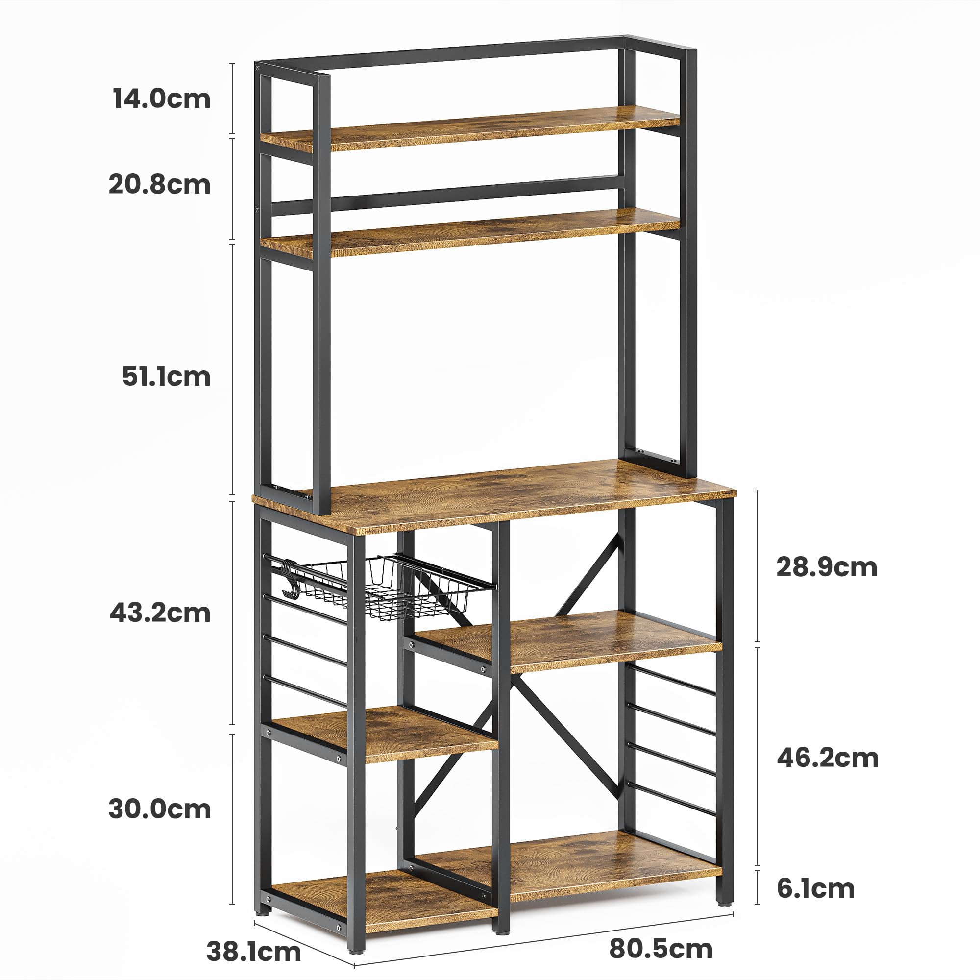 Bealife Scaffale da Cucina per Panetteria, Scaffale a 5 Ripiani con Ganci Laterali e Cestello in Filo, Scaffali in Legno e Metallo, Stile Industriale, 80,5x40,1x169,2 cm (Retro)