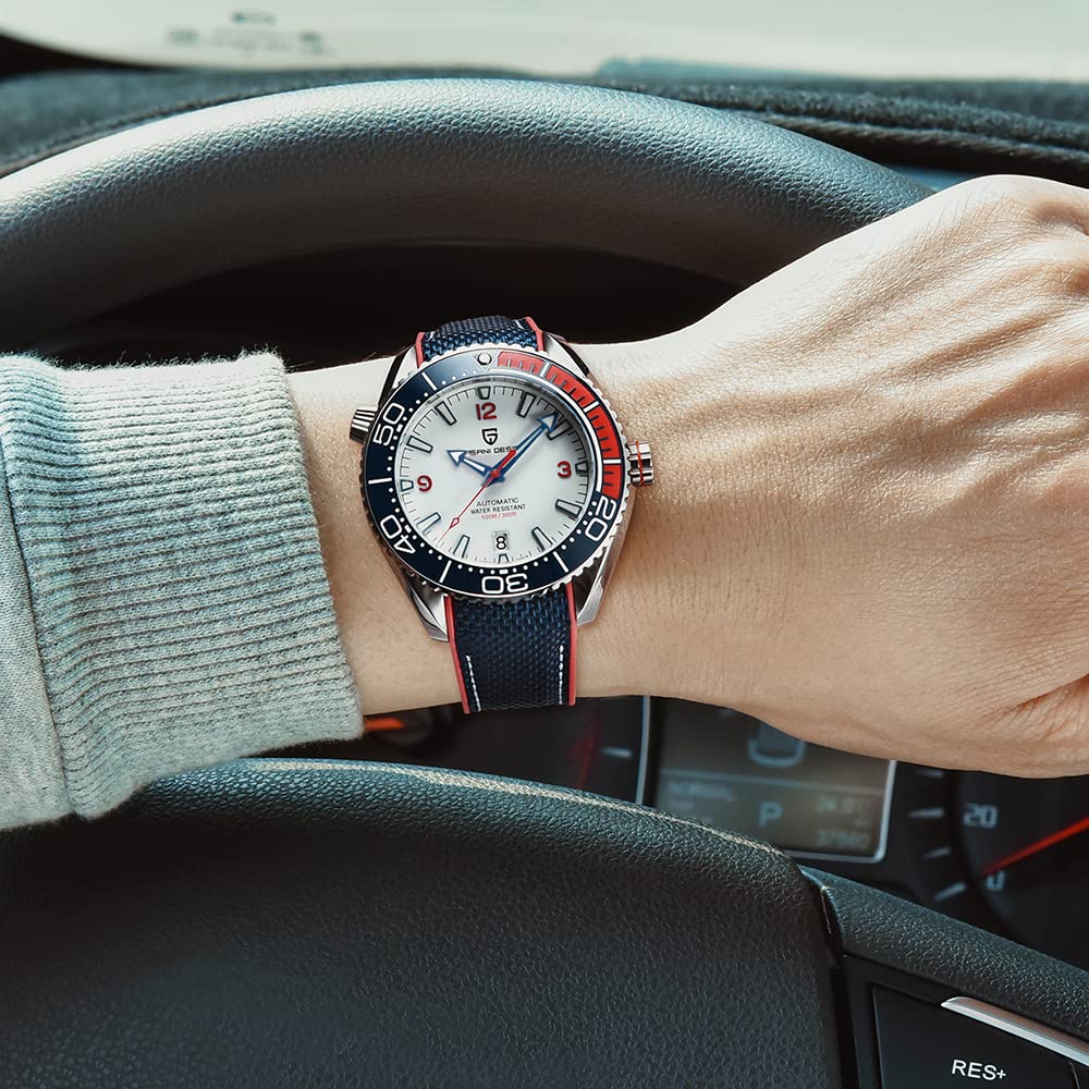 Pagani Design Mechanische Herren-Automatik-Business-Uhr, Edelstahlgehäuse, 100M wasserdicht, Nylon-Kautschukband, Saphirglas, Automatische Herren-Taucheruh