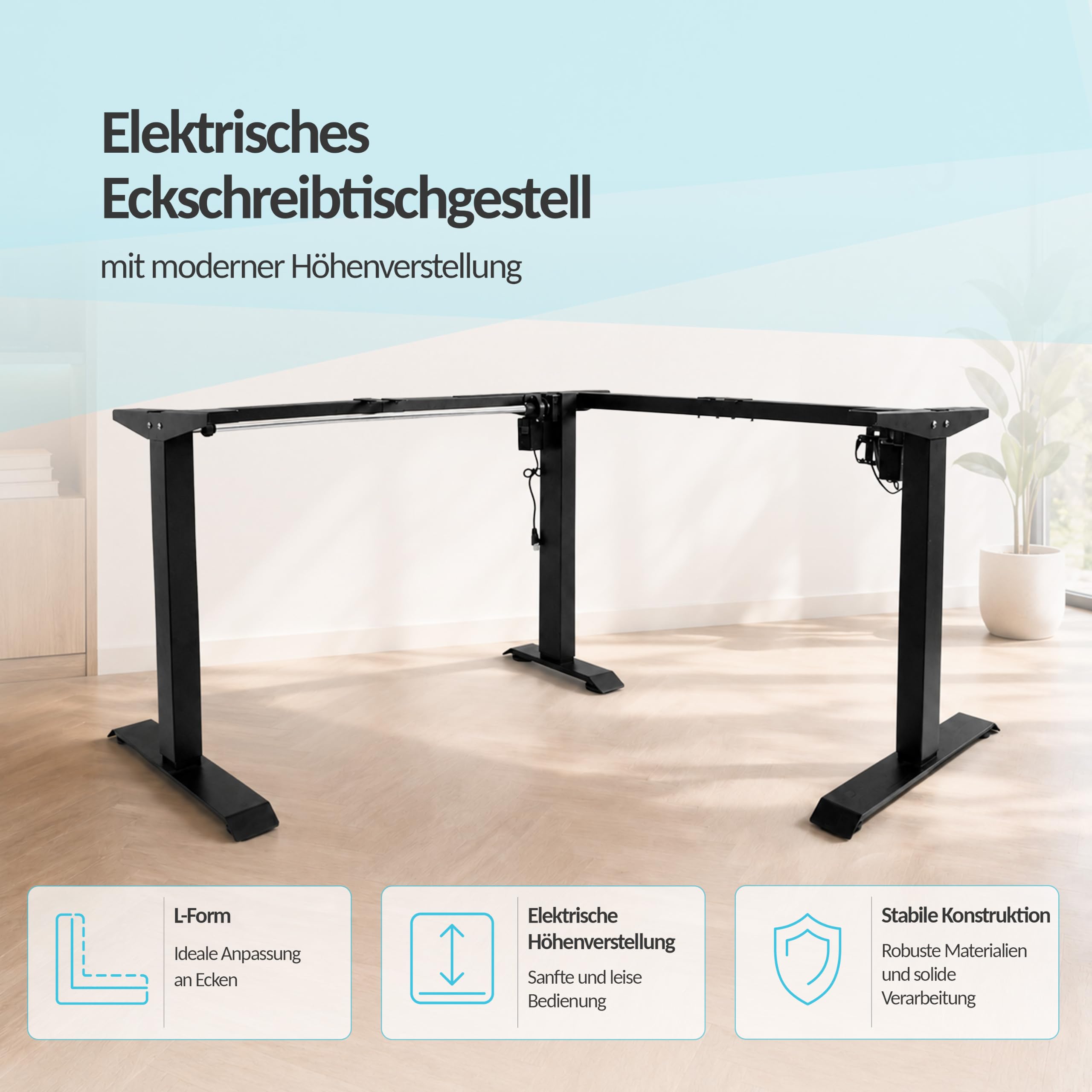 POKAR Höhenverstellbares Eck-Schreibtischgestell Elektrisch | Winkel 0 bis 90 Grad, Höhe 70 bis 118 cm | Memory-Panel mit USB-C und USB-A | Gestell für Steh-Sitz-Tisch Home Office | Schwarz