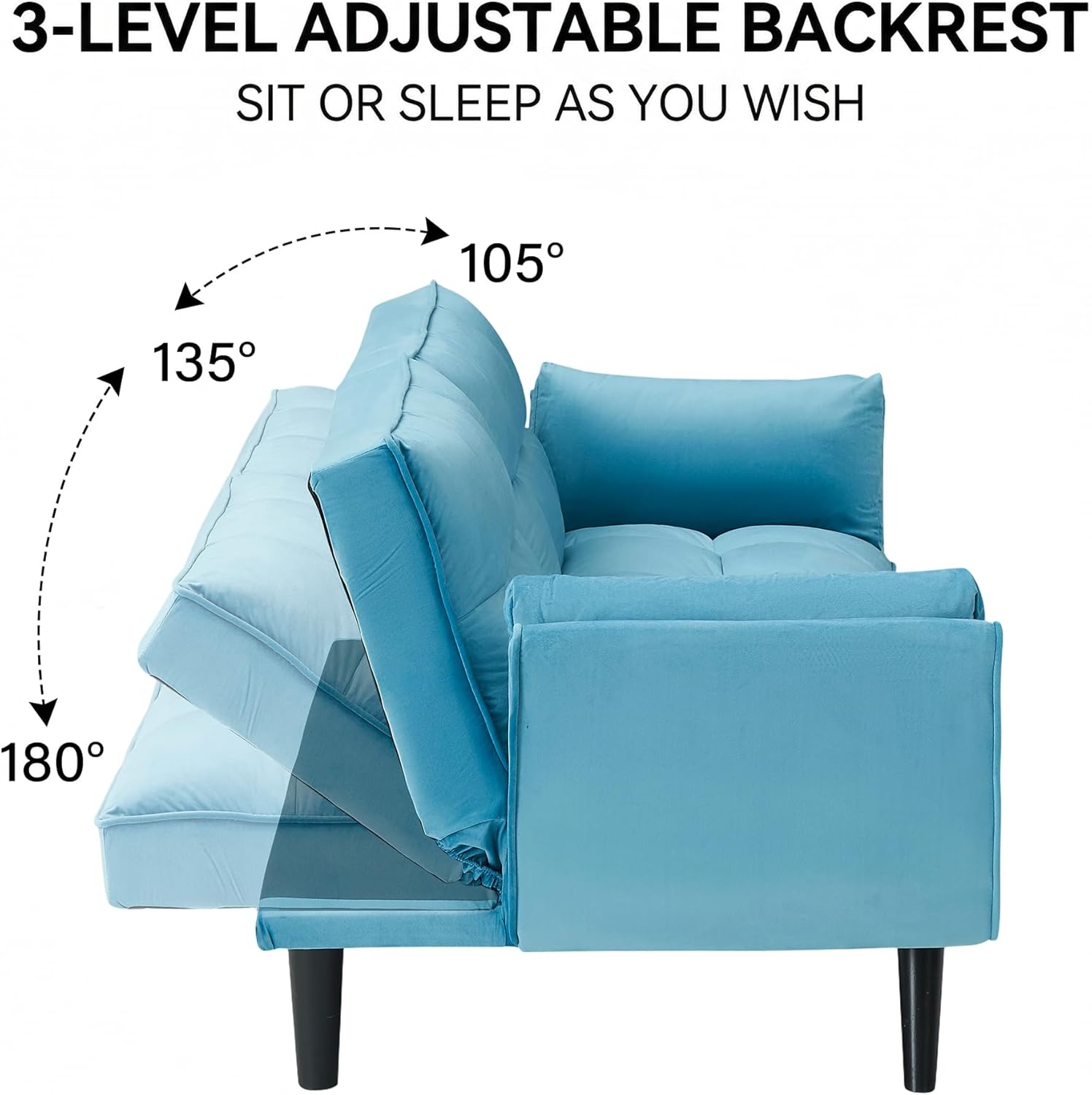Convertible Folding Sofa Bed Futon,Modern Velvet Sleeper Bed Couches with 4 Adjustable Backrest Armrest,74"Comfy Recliner Sofa Loveseat with Chrome Legs for Living Room Apartment Small Home (Blue)