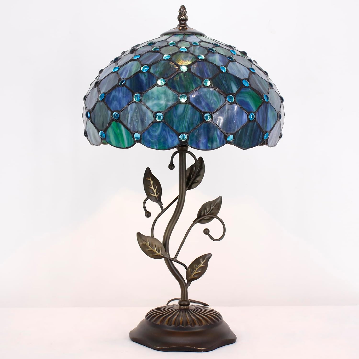 Tiffany Lamp Stained Glass Table Lamp 12X12X19 Inches Desk Reading Light (Sea Blue Pearl Style)