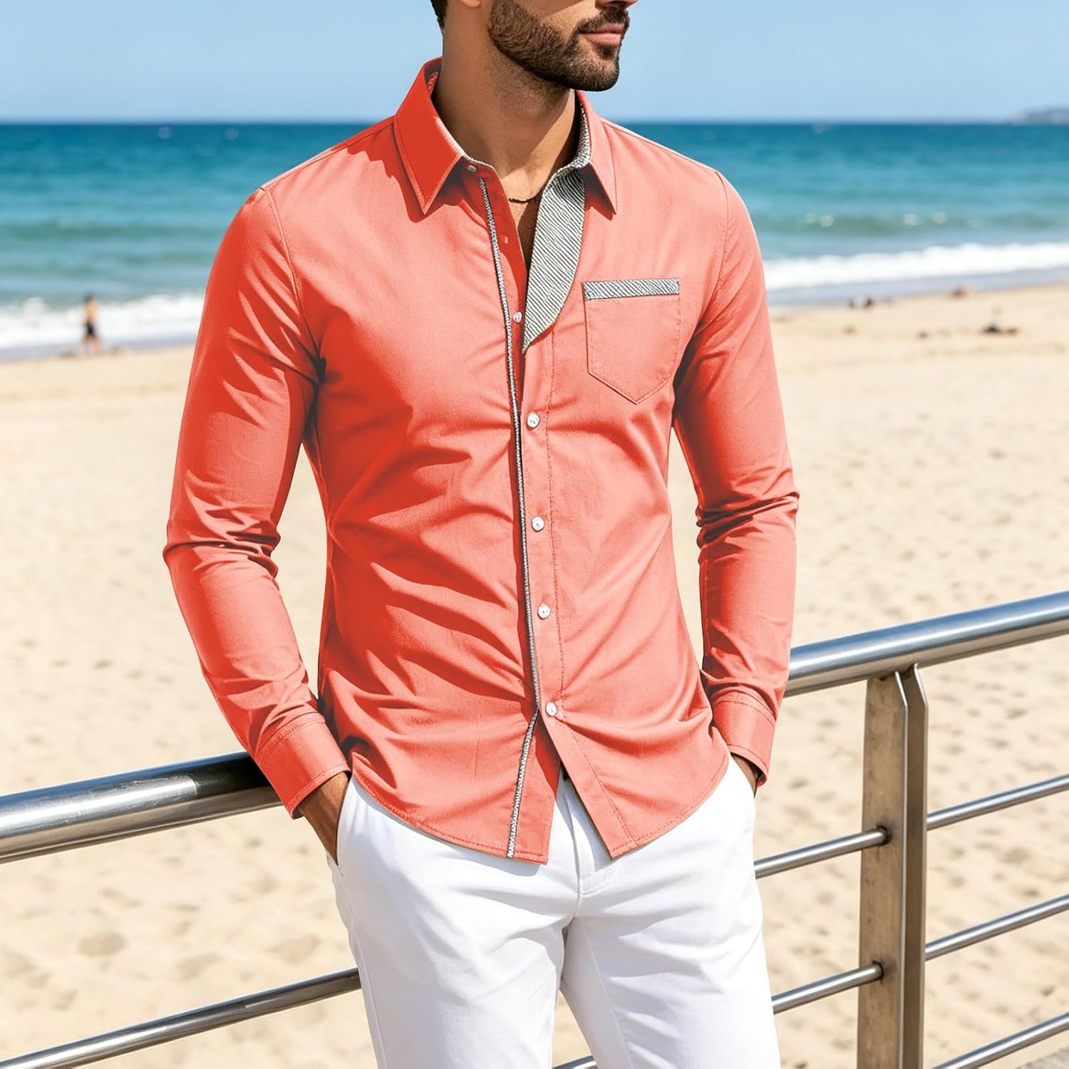 Mens Button Down Collared Shirt Long Sleeve Color Block Fitted Blouses Casual Dressy Office Top with Chest Pockets