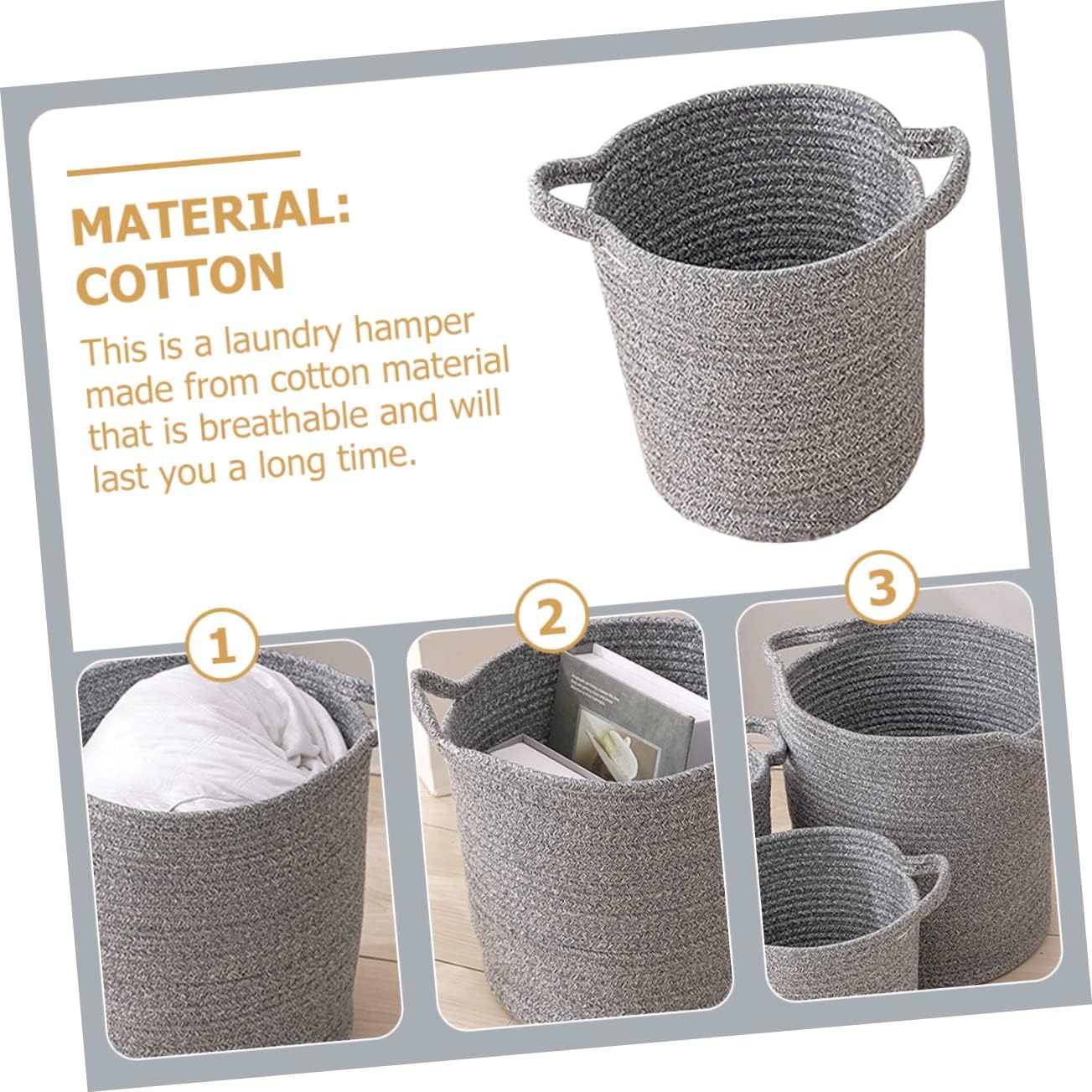 VICASKY Large Cotton Linen Laundry Hamper Basket with Dual Color Design Deep Gray Portable Clothes Storage for Home Bedroom Nursery Cotton Rope with Integrated Handles
