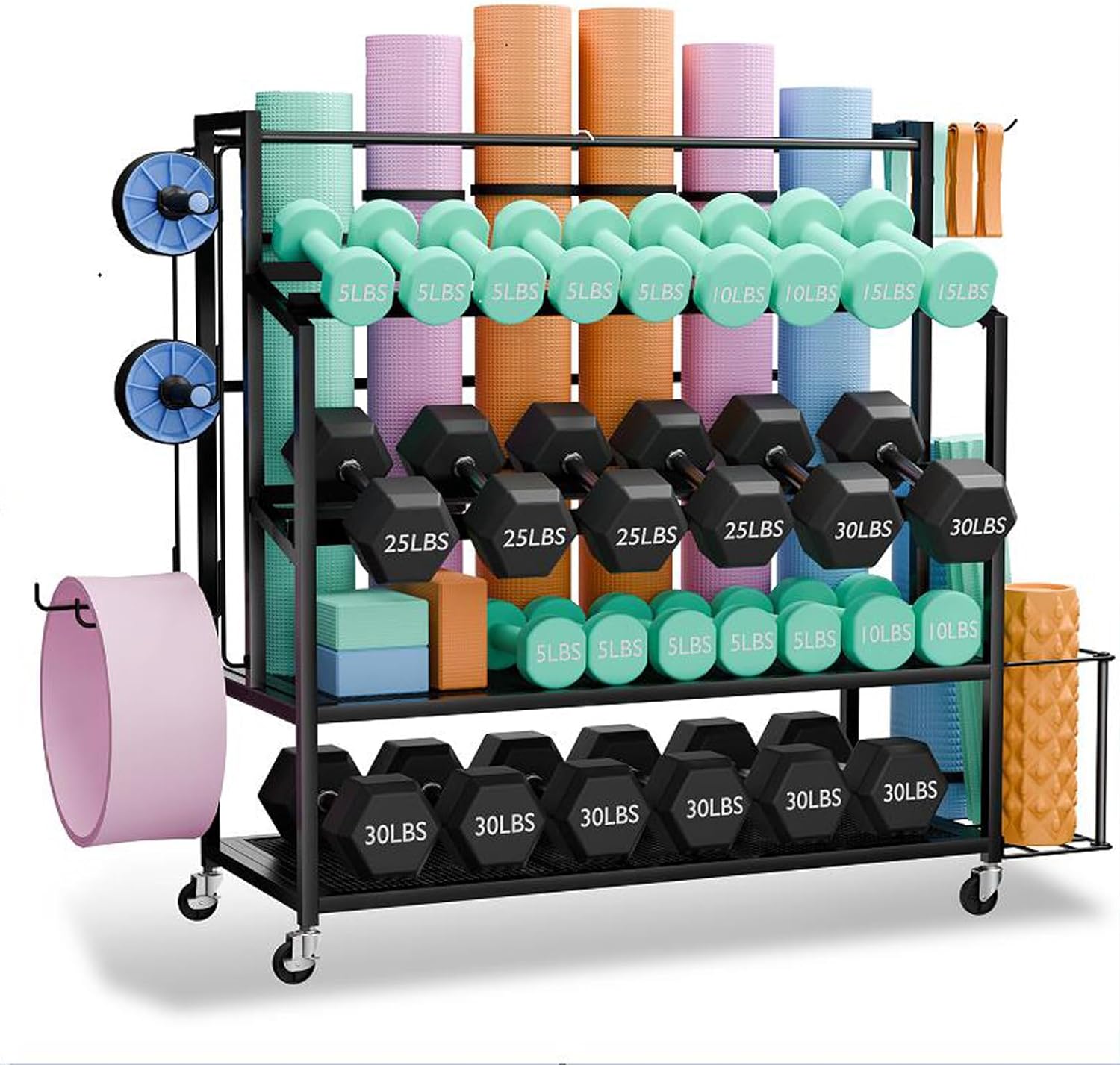 Dumbbell Rack Weight Stand Only - Adjustable Weight Rack for Dumbbells, Home Gym Storage Rack for Yoga Mat Foam Roller Kettlebells, Workout Equipment Storage Organizer With Wheels