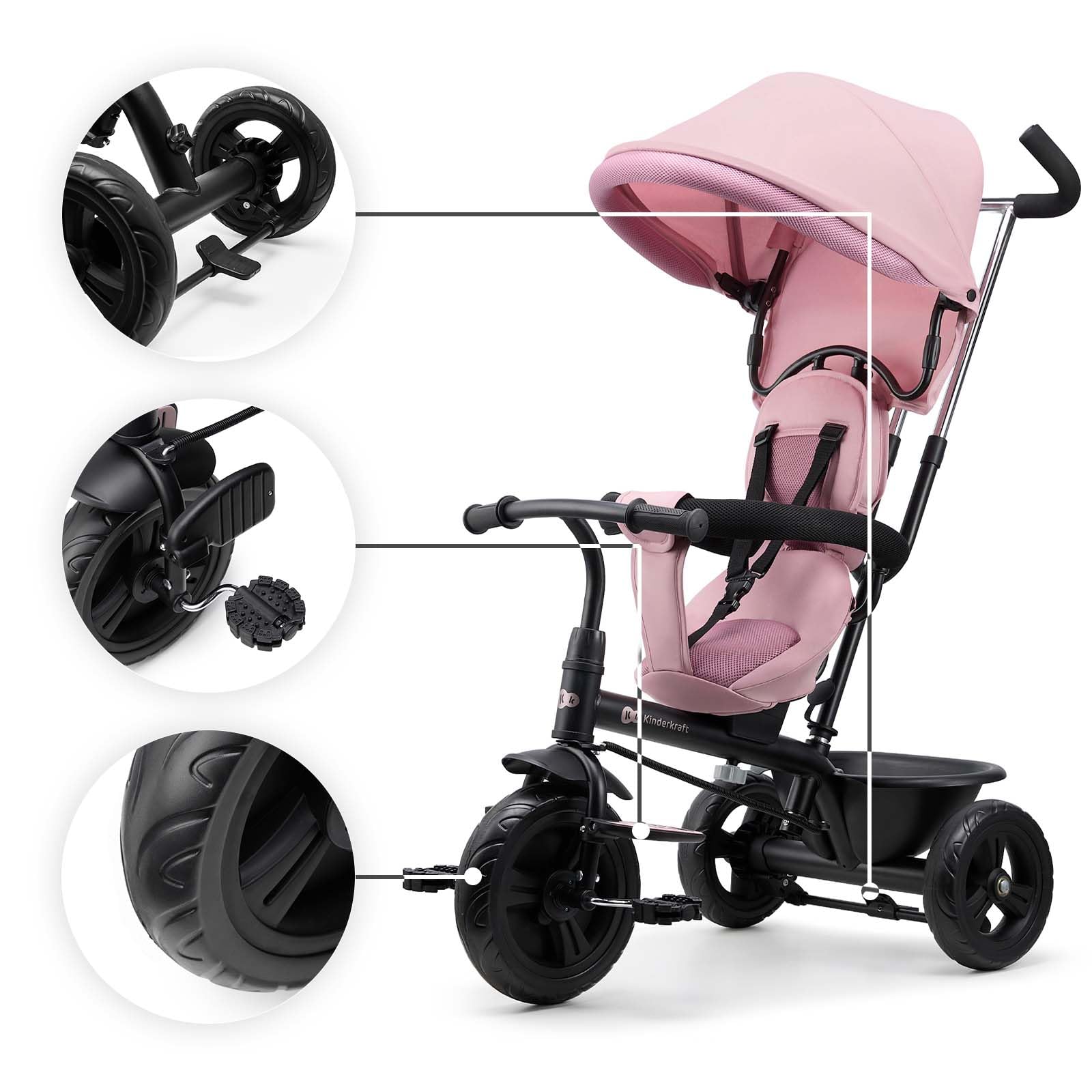Kinderkraft FREEWAY 2, Triciclo Evolutivo per Bambini, Seduta Girevole a 360°, Pedali Liberi, Cintura a 3 Punti, Freno Centrale, 9 Mesi-5 Anni, Rosa