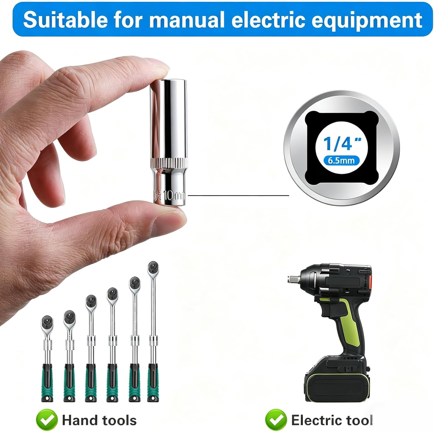 9-Piece 10mm Deep Sockets, 1/4-Inch Drive, 6-Point, Corrosion Resistance, Compatible with Standard Ratchet Wrenches and Tools