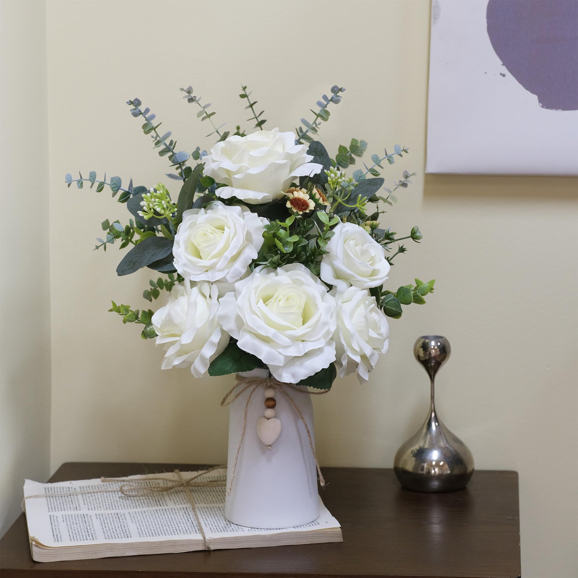 Artificial Rose Flower Arrangements in Ceramic Vase, 16" Faux Dahlia Flowers with Eucalyptus Stems and Decorative Leaves - Image 4