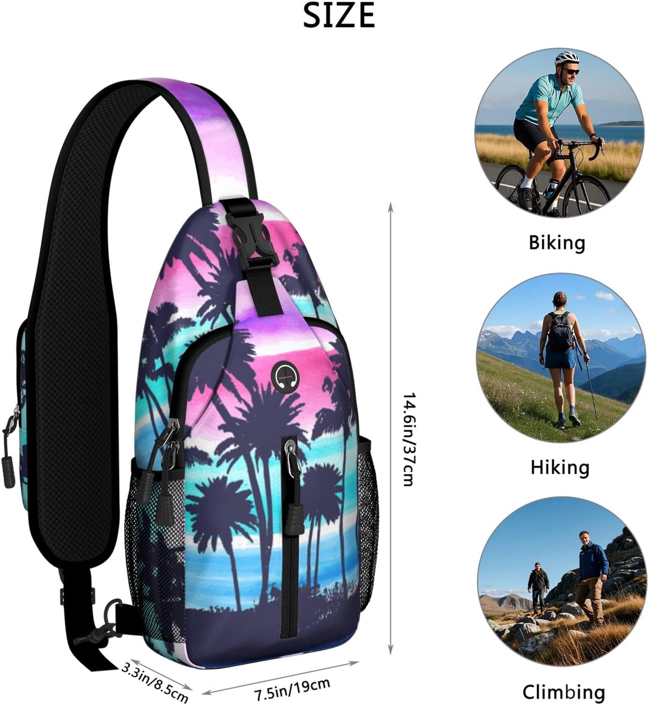 Palm Trees Crossbody Sling Backpack Mini Water Resistant Sling Bag with Adjustable Chest Strap for Outdoor Hiking Cycling Sports (Tropical Landscapes)