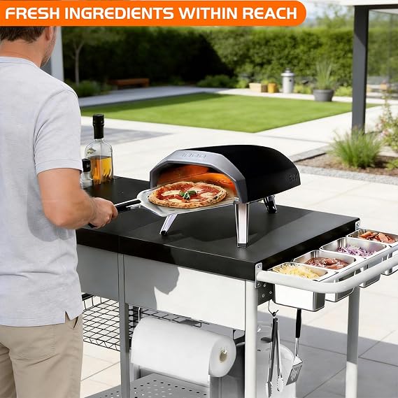 ピザオーブンテーブル、グリルカートテーブル Blackstone Griddle Pit Boss用 ポータブルグリル 卓上スモーカー アウトドア ピザオーブンスタンド ニンジャ、クイジナート、ゴズニー、屋外調理バーベキュー準備テーブルステーションに適合