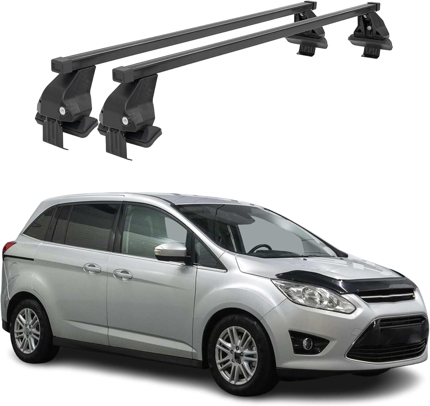 OMAC Roof Rack Cross Bars for Ford C-Max 2013-2017 Lockable 110Lbs Steel Black 2Pcs fits Cargo Carriers Kayak Canoe Bike Snowboard