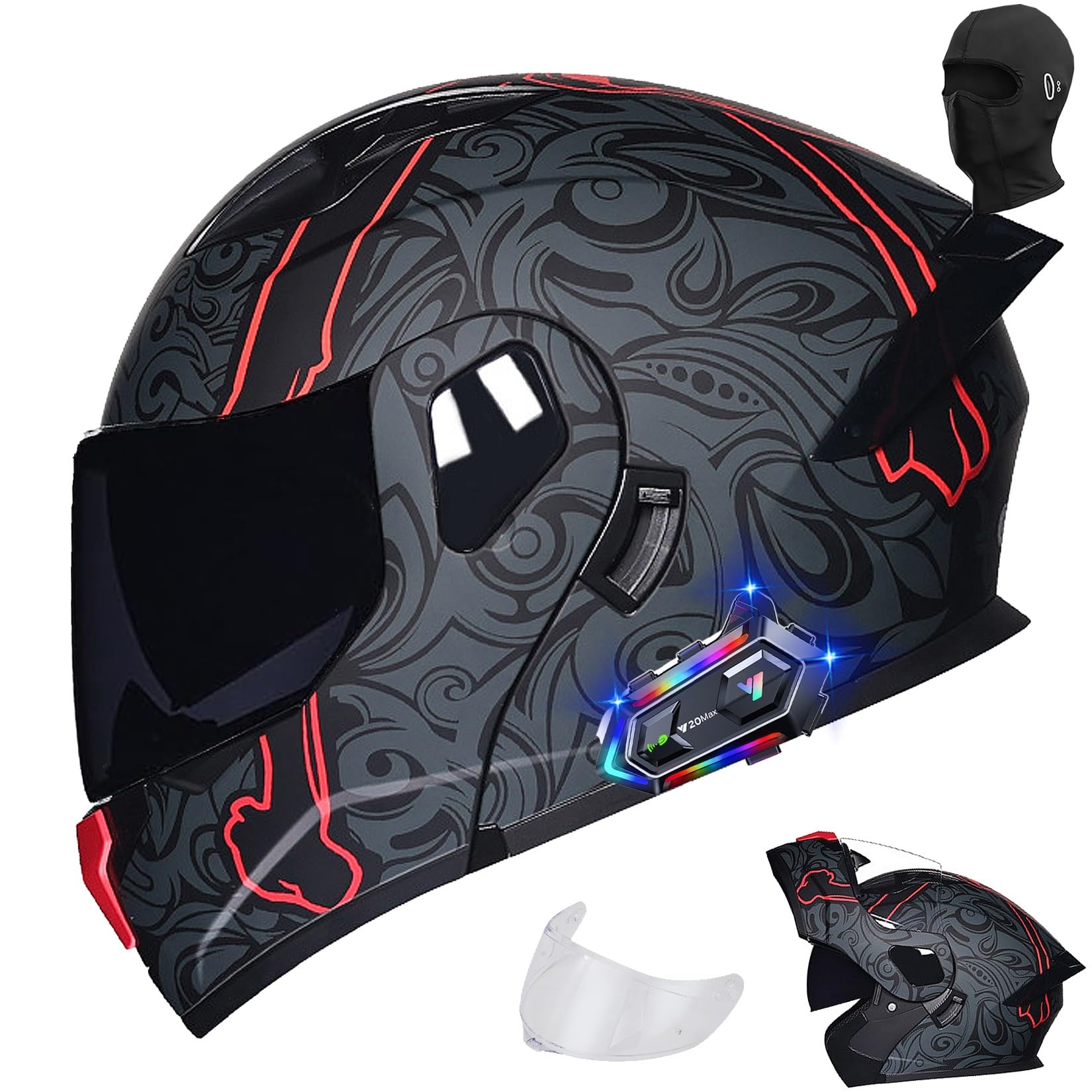 Bluetooth Integrated Modular Flip up Full Face Motorcycle Helmet Sun Shield