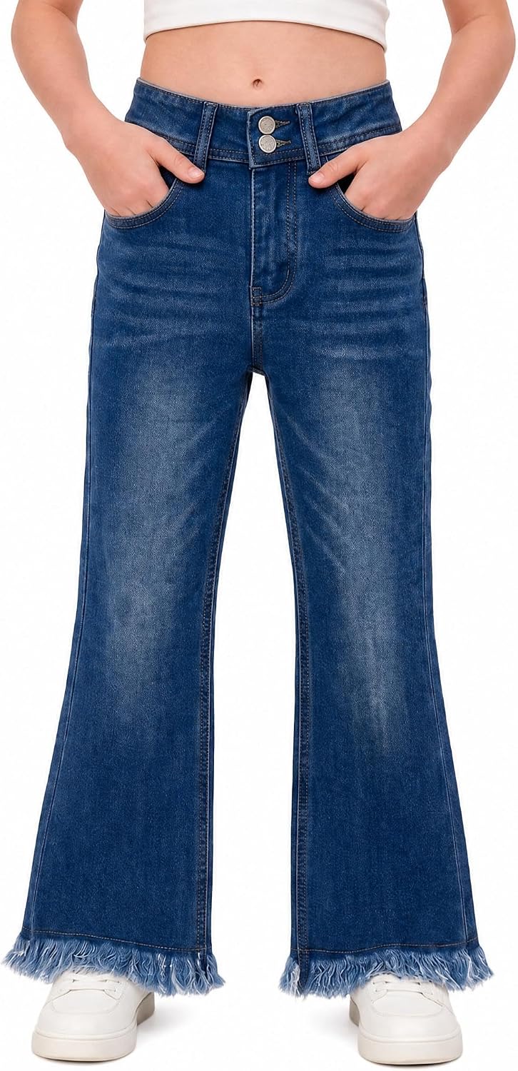 Girls High Waisted Wide Leg Jeans with Adjustable Waist Frayed Hem 4-13Y