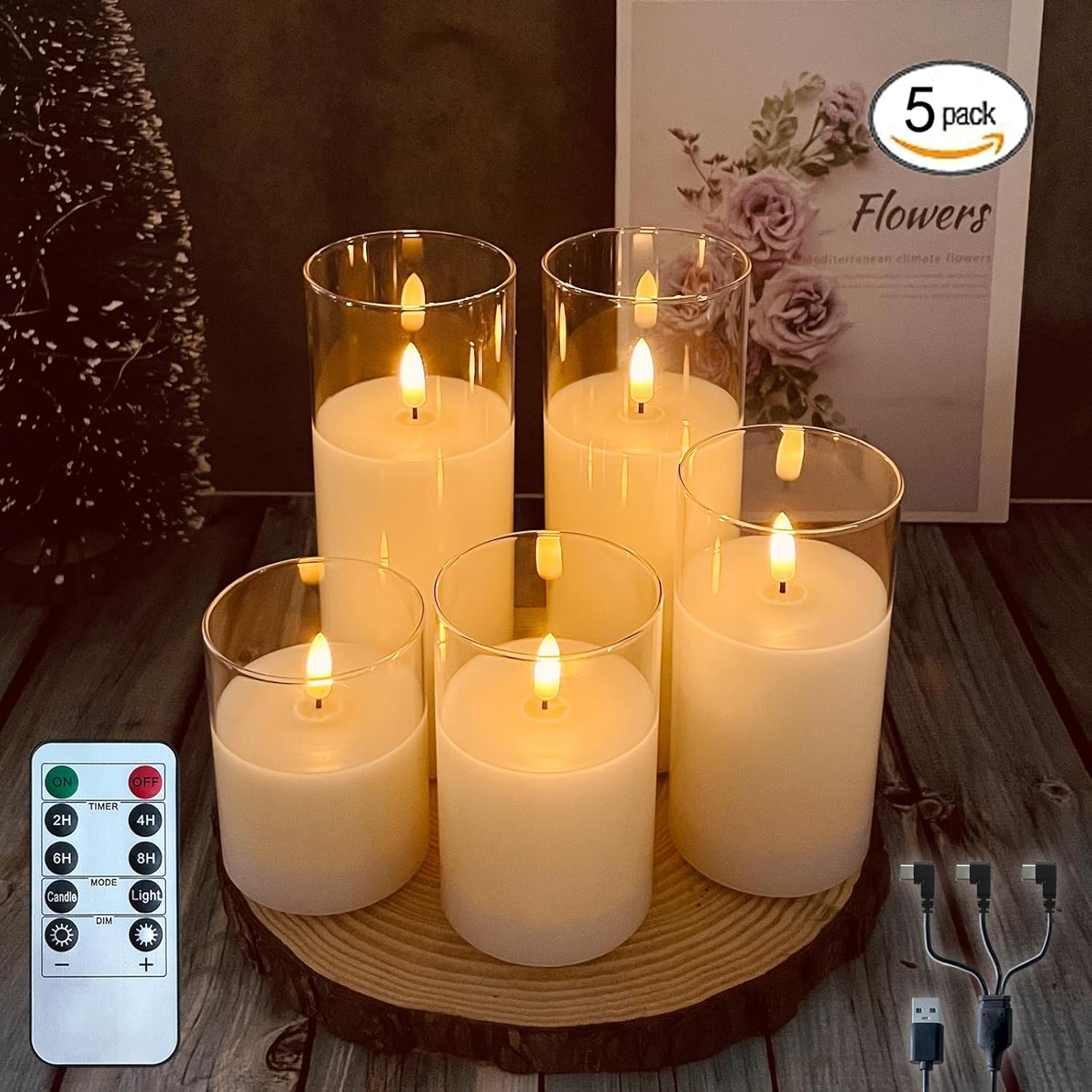 Rechargeable Flameless Candle, Flashing LED Pillar Real Wax Candle with Remote Control and Timer, Teardrop Wick, Clear Glass Electronic Candles, 1 Set of 5 White Glass -Droplet 5P