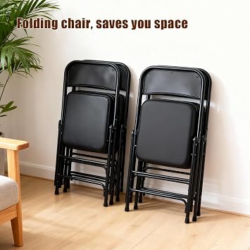 Folding Chair with Thick Cushioned Seat,1 Pack, Black, Portable Metal Frame Foldable Chair for Indoor & Outdoor Use, Durable and Comfortable Upholstered Chair for Home, Office, and Events