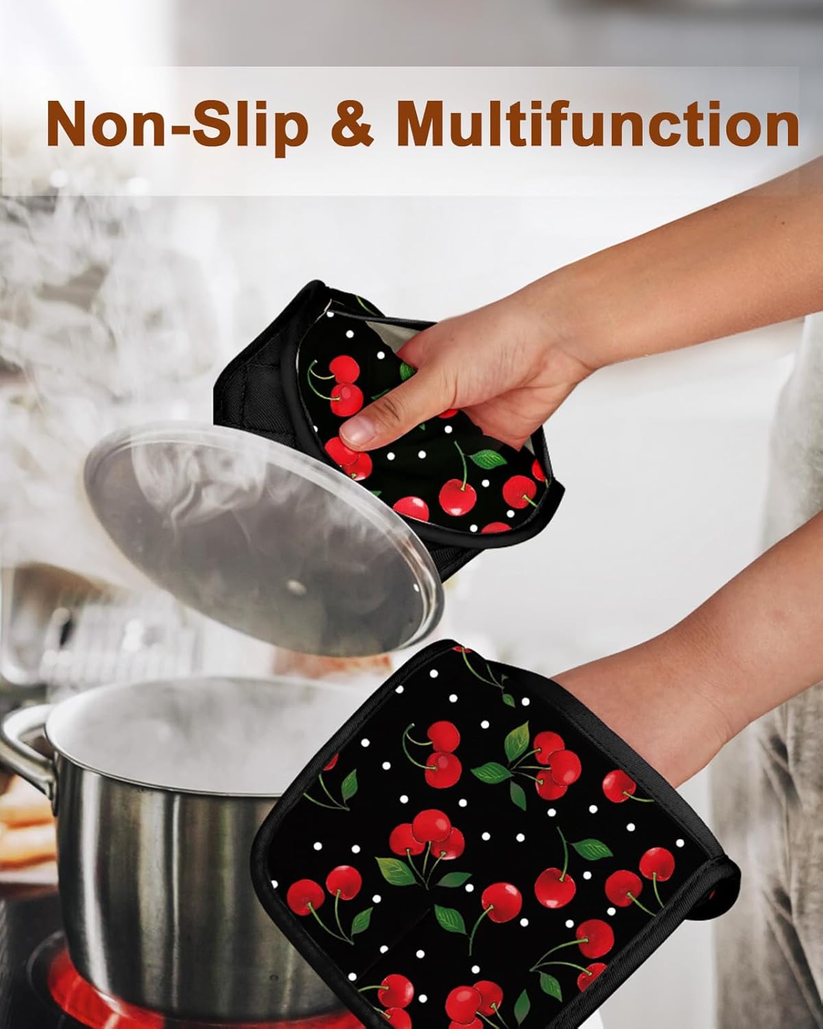 Swooflia 100% Cotton Pot Holders 2 Pack Set for Kitchen with Pockets - Cute 440°F Heat Resistant Oven Hot Pads Heavy Duty for Countertop Home Cooking Baking Microwave BBQ Cherry - Image 5