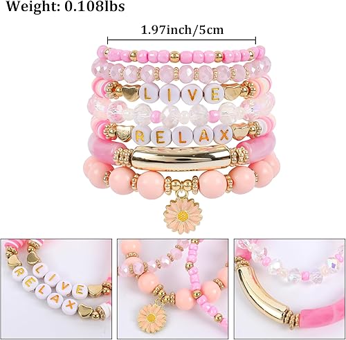 Miniatura 3 de Bohemian Colorful Beaded Bracelets for Women Boho Stackable Natural Stone Letter Clay Glass Beads Stretch Bracelet Set with Charm, Cute Rainbow