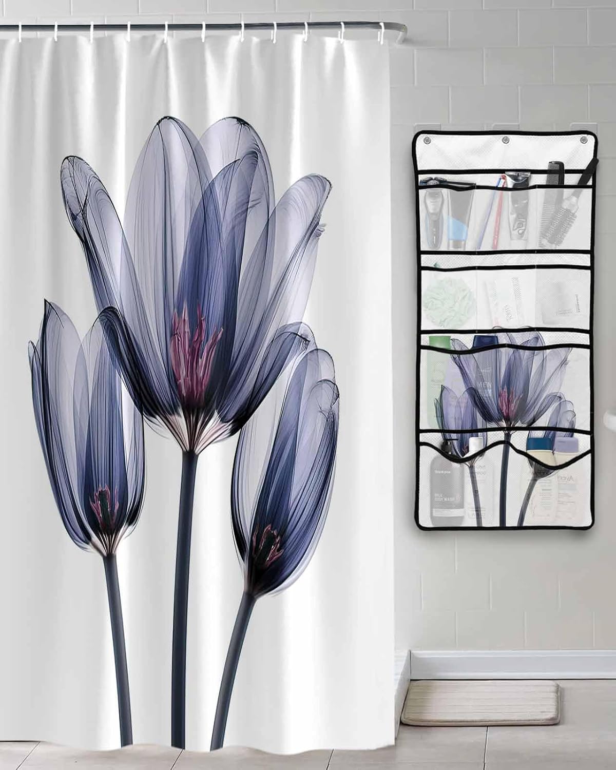 Shower Curtain Mesh Shower Organizer Hanging Set Abstract Ombre Blue Tulip Ray White Waterproof Shower Curtains with 10