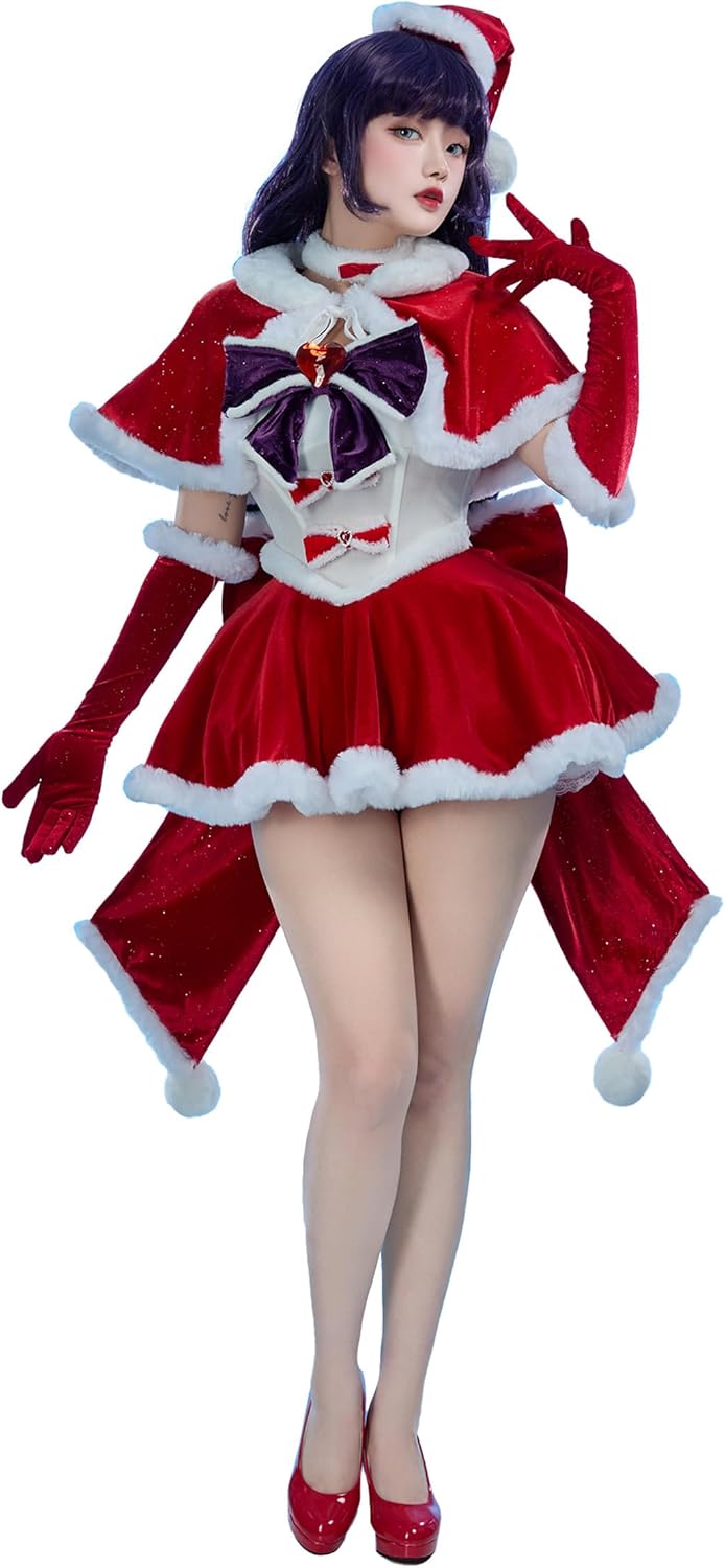 Mobbunny Women Christmas Anime Cosplay Costume Red Fluffy Dress Outfits with Cape and Santa Hat